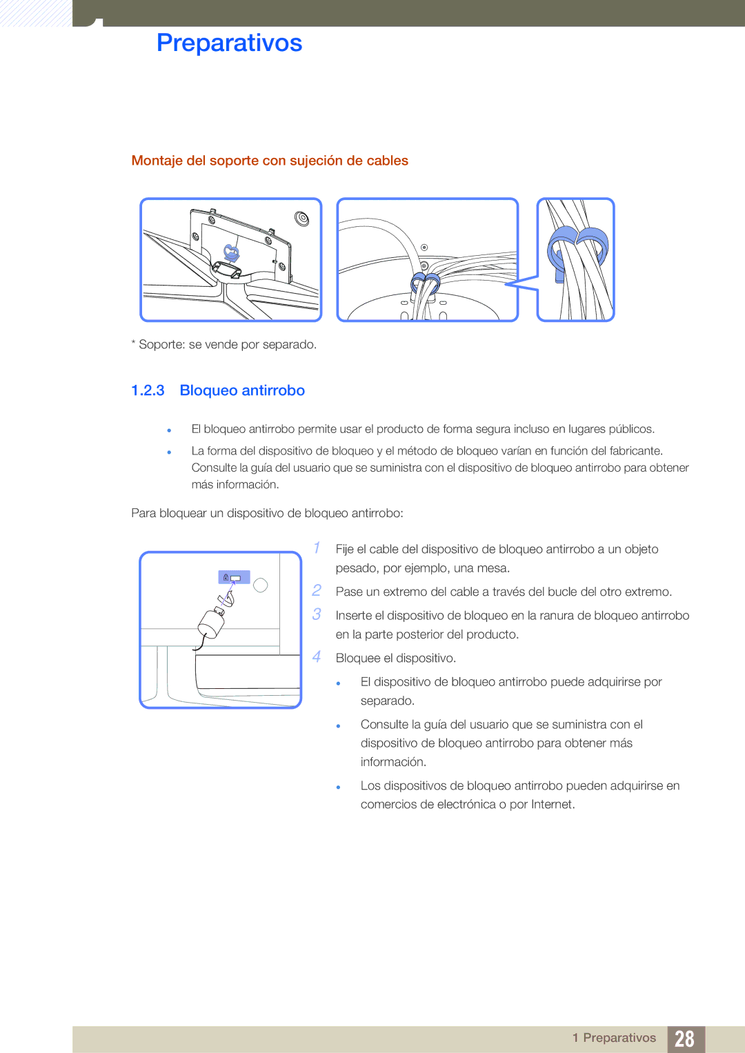 Samsung LH55UEAPLGC/EN, LH40DEPLGC/EN, LH46DEPLGC/EN manual Bloqueo antirrobo, Montaje del soporte con sujeción de cables 