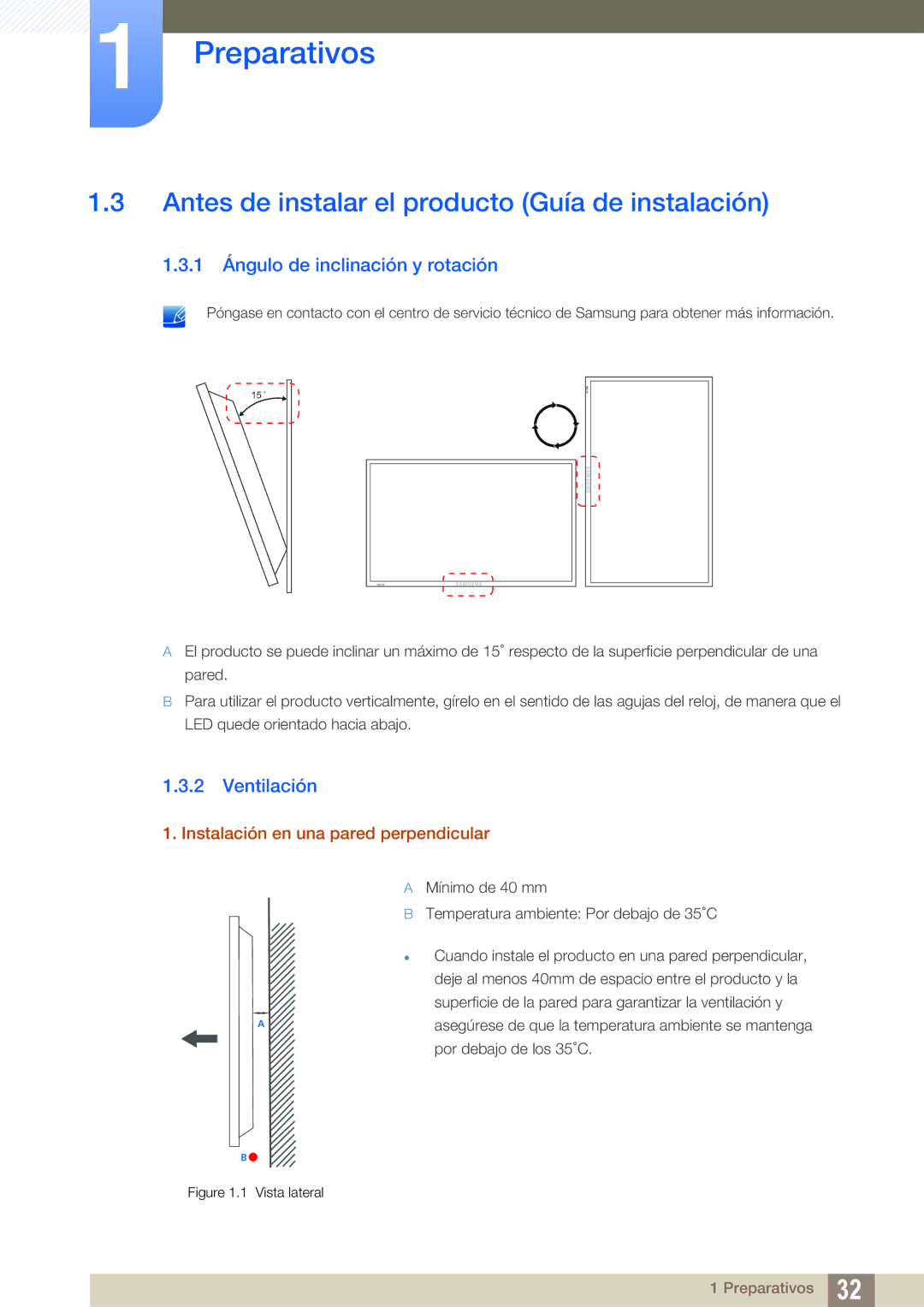 Samsung LH40MEPLGC/EN Antes de instalar el producto Guía de instalación, 1 Ángulo de inclinación y rotación, Ventilación 