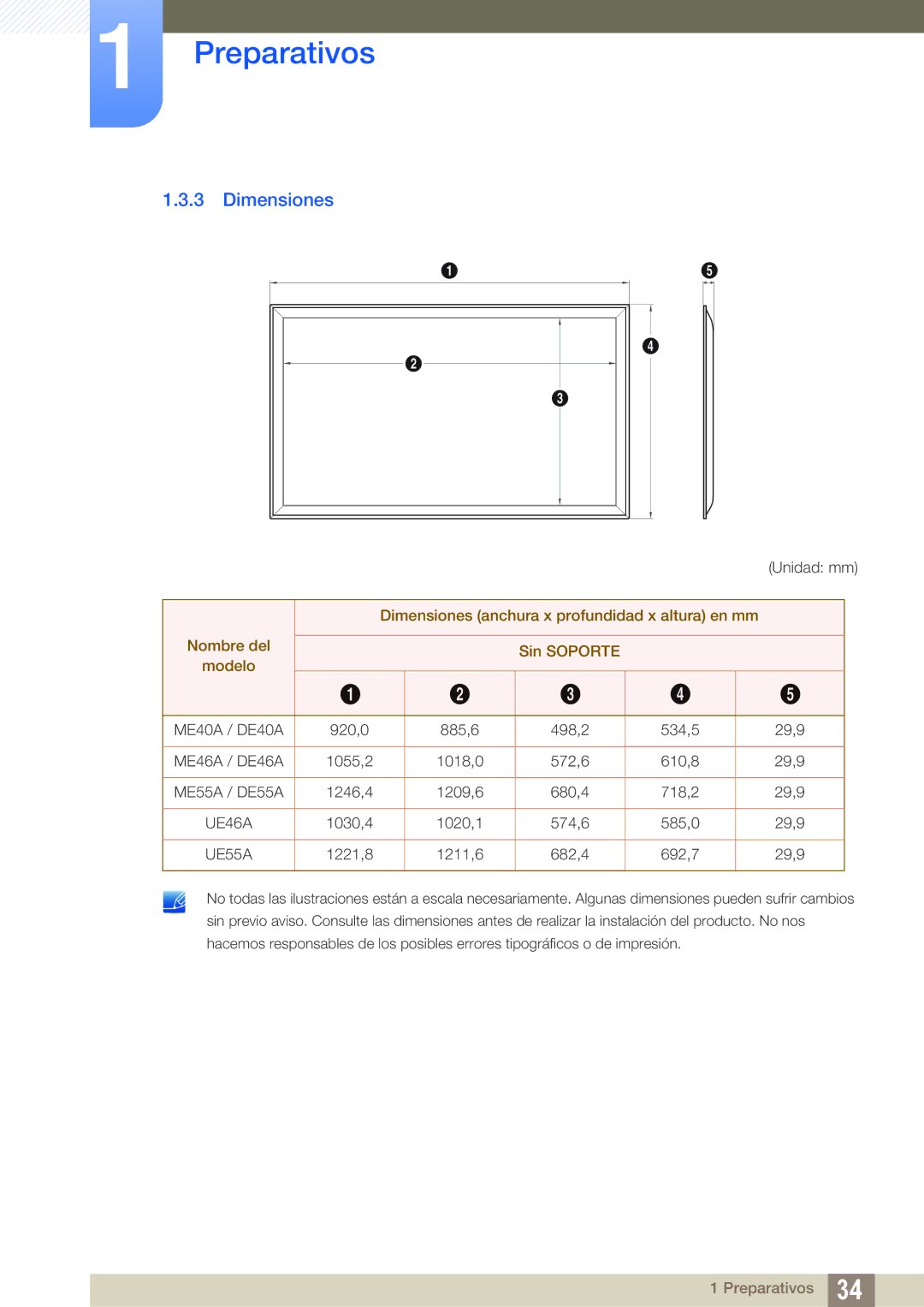 Samsung LH55MEPLGC/EN, LH40DEPLGC/EN, LH46DEPLGC/EN, LH55UEAPLGC/EN, LH46MEPLGC/EN, LH46UEPLGC/EN manual Dimensiones, UE55A 