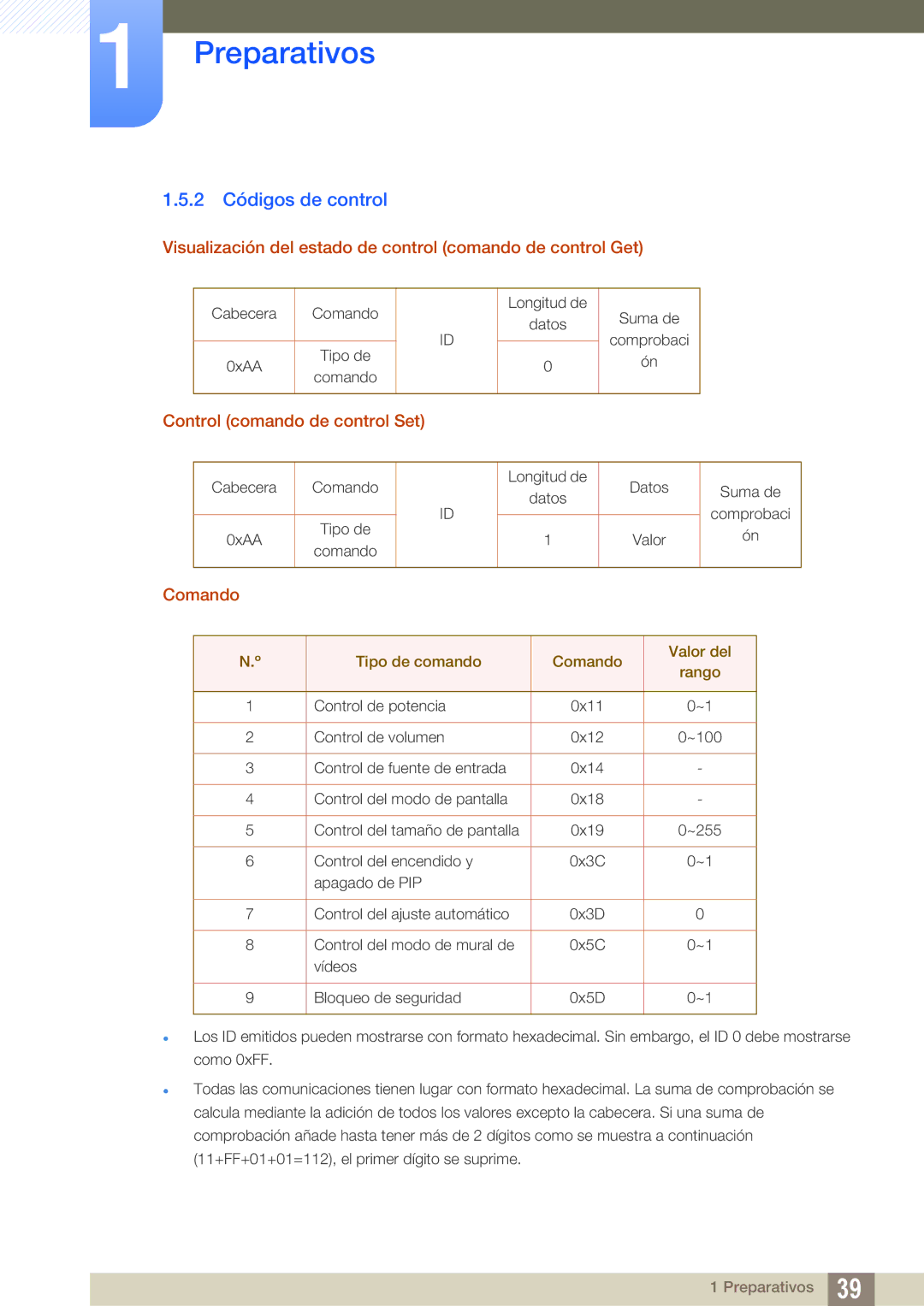 Samsung LH40DEPLGC/EN manual 2 Códigos de control, Visualización del estado de control comando de control Get, Comando 