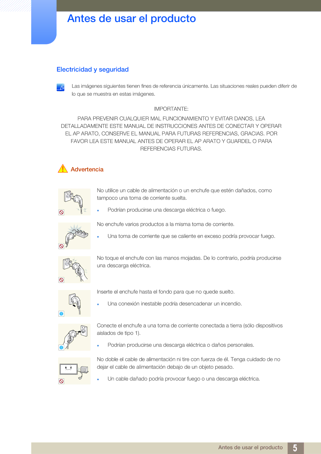 Samsung LH55UEPLGC/EN, LH40DEPLGC/EN, LH46DEPLGC/EN, LH55UEAPLGC/EN, LH46MEPLGC/EN manual Electricidad y seguridad, Advertencia 