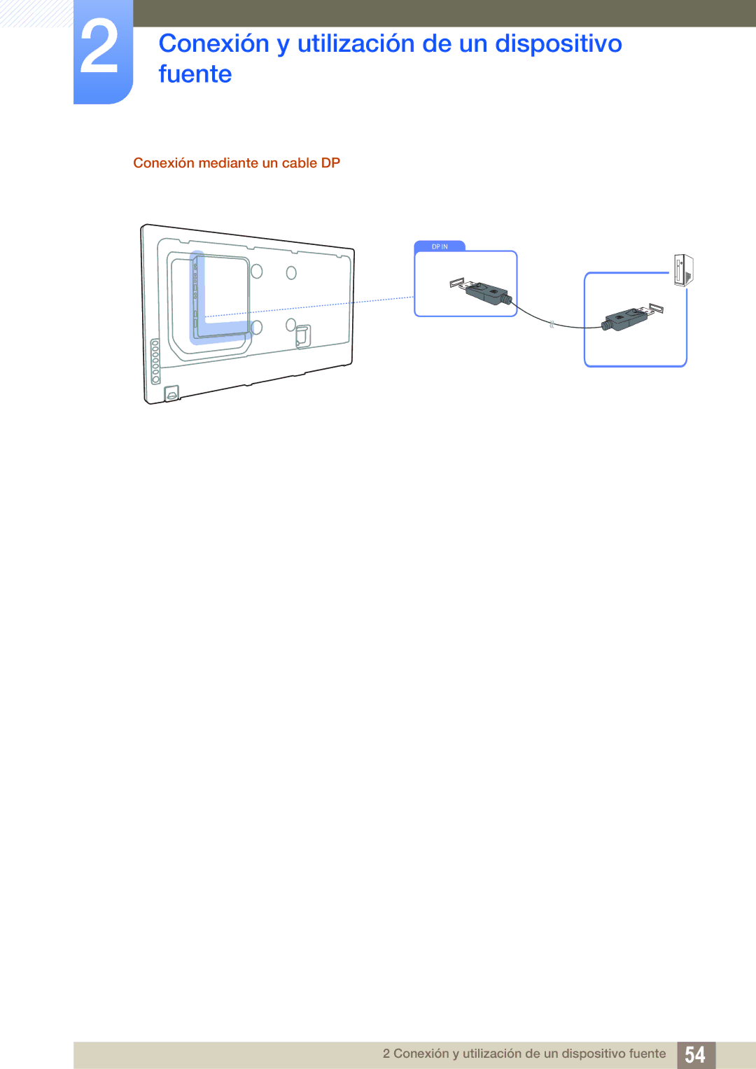 Samsung LH55UEAPLGC/EN, LH40DEPLGC/EN, LH46DEPLGC/EN, LH46MEPLGC/EN, LH46UEPLGC/EN manual Conexión mediante un cable DP 