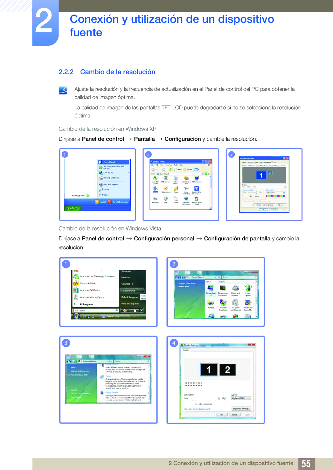 Samsung LH46MEPLGC/EN, LH40DEPLGC/EN Cambio de la resolución en Windows XP, Cambio de la resolución en Windows Vista 