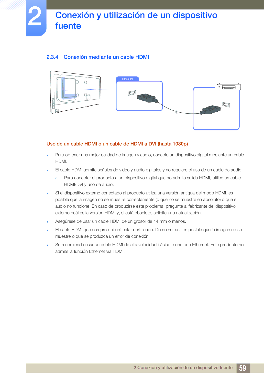 Samsung LH46UEAPLGC/EN manual Conexión mediante un cable Hdmi, Uso de un cable Hdmi o un cable de Hdmi a DVI hasta 1080p 