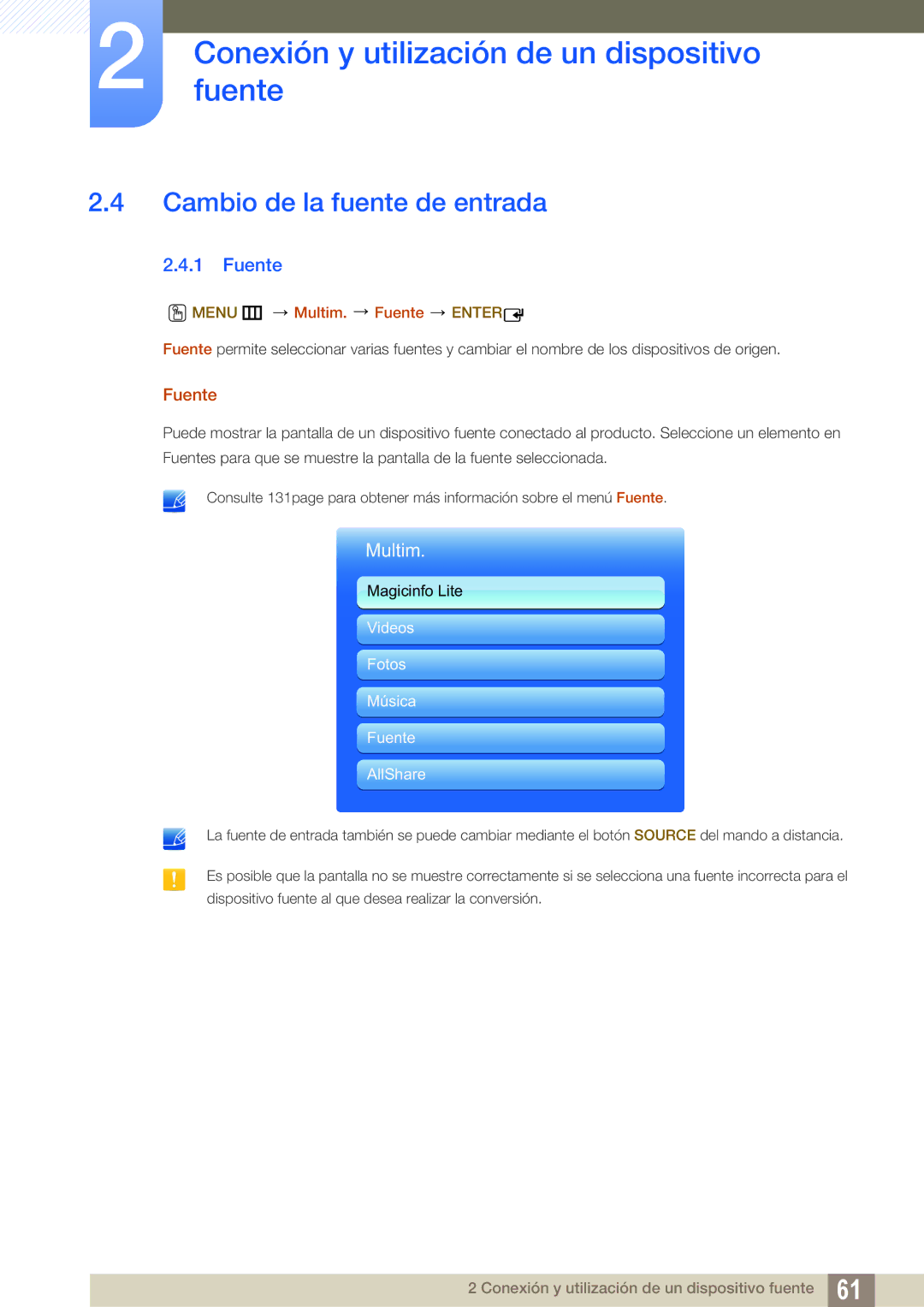 Samsung LH40DEAPLBC/EN, LH40DEPLGC/EN, LH46DEPLGC/EN manual Cambio de la fuente de entrada, Menu m Multim. Fuente Enter 