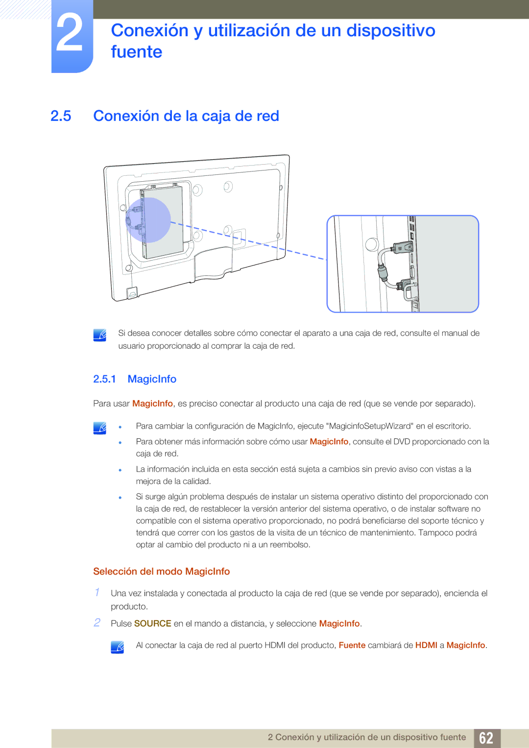 Samsung LH55DEAPLBC/EN, LH40DEPLGC/EN, LH46DEPLGC/EN manual Conexión de la caja de red, Selección del modo MagicInfo 