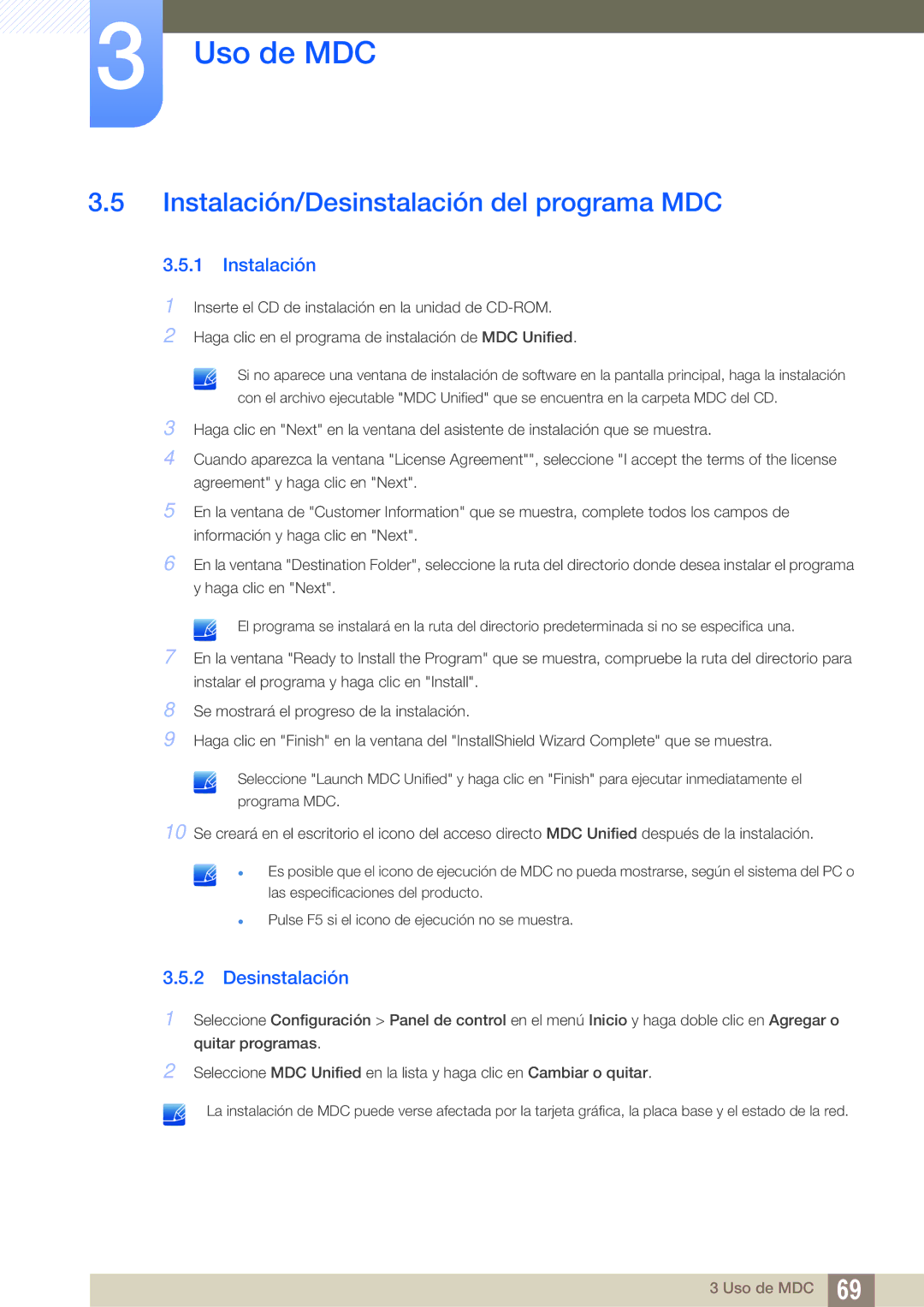 Samsung LH46UEPLGC/EN, LH40DEPLGC/EN, LH46DEPLGC/EN, LH55UEAPLGC/EN manual Instalación/Desinstalación del programa MDC 