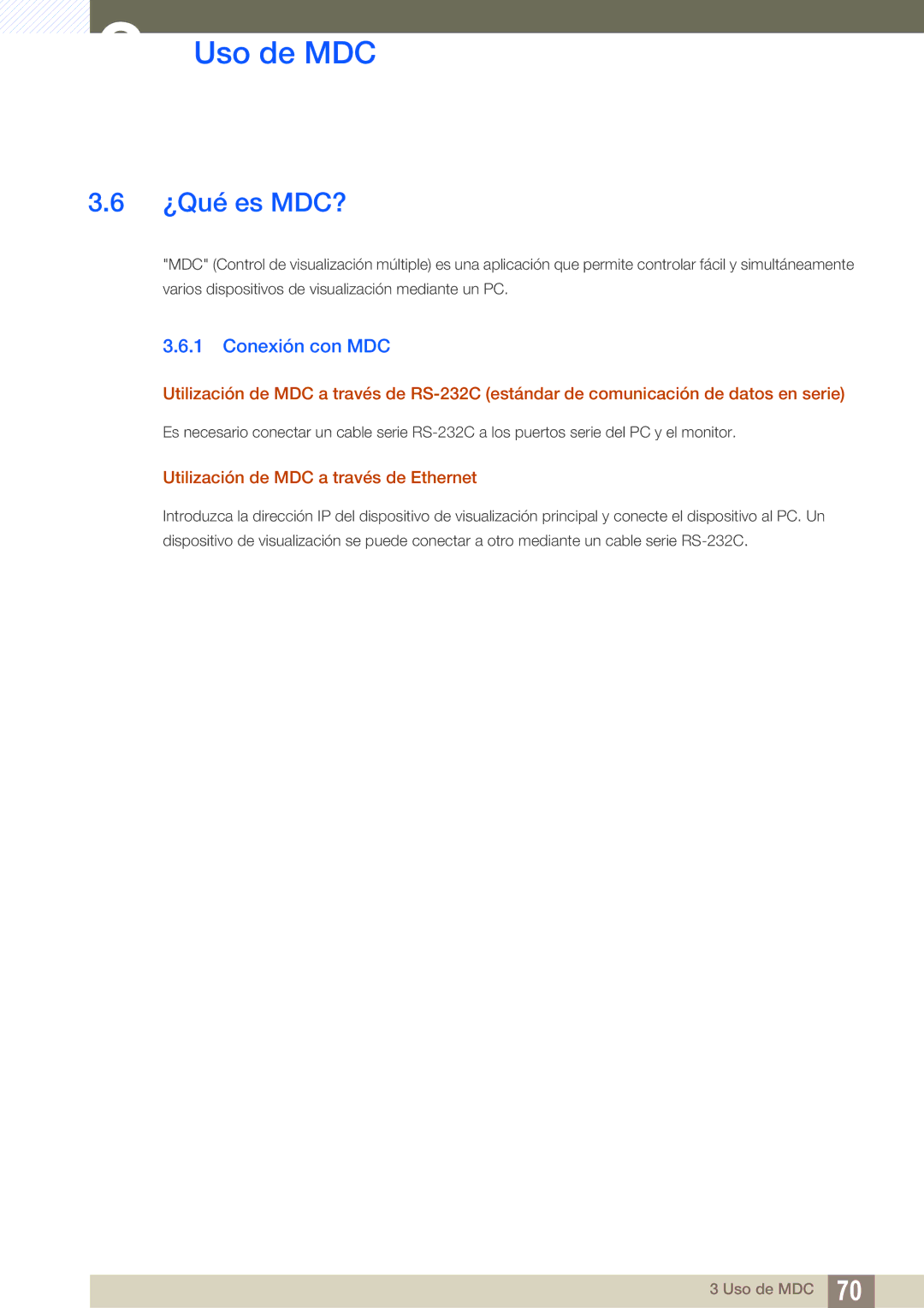 Samsung LH55UEPLGC/EN, LH40DEPLGC/EN, LH46DEPLGC/EN ¿Qué es MDC?, Conexión con MDC, Utilización de MDC a través de Ethernet 