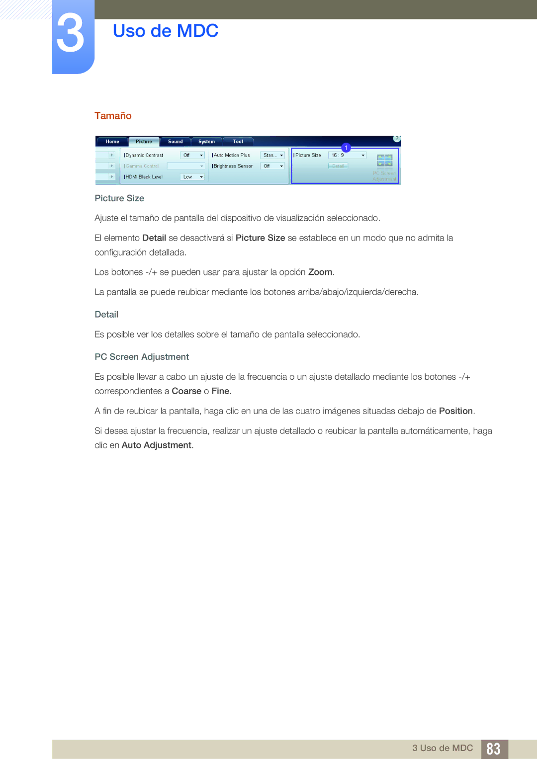 Samsung LH55UEPLGC/EN, LH40DEPLGC/EN, LH46DEPLGC/EN, LH55UEAPLGC/EN manual Tamaño, Picture Size, Detail, PC Screen Adjustment 