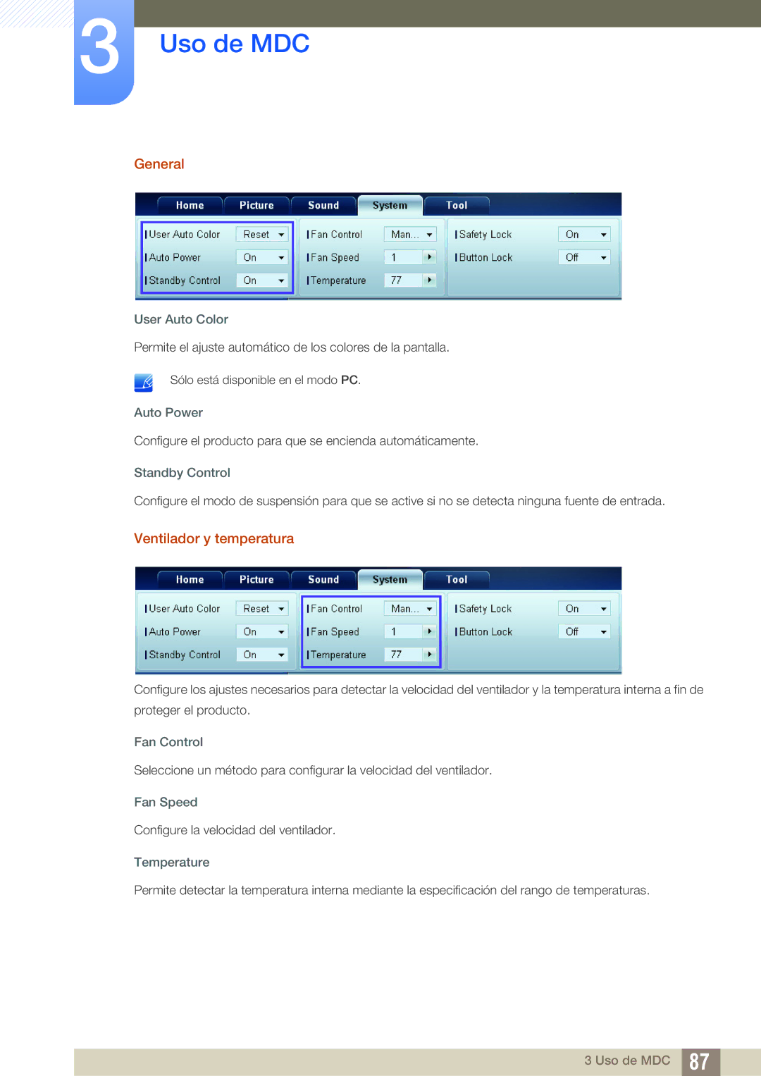 Samsung LH40DEAPLBC/EN, LH40DEPLGC/EN, LH46DEPLGC/EN, LH55UEAPLGC/EN, LH46MEPLGC/EN manual General, Ventilador y temperatura 