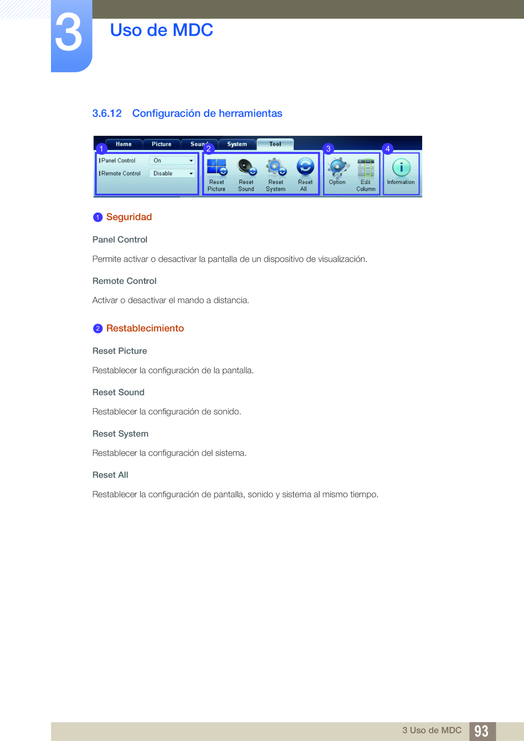 Samsung LH55UEAPLGC/EN, LH40DEPLGC/EN, LH46DEPLGC/EN, LH46MEPLGC/EN manual Configuración de herramientas, Restablecimiento 