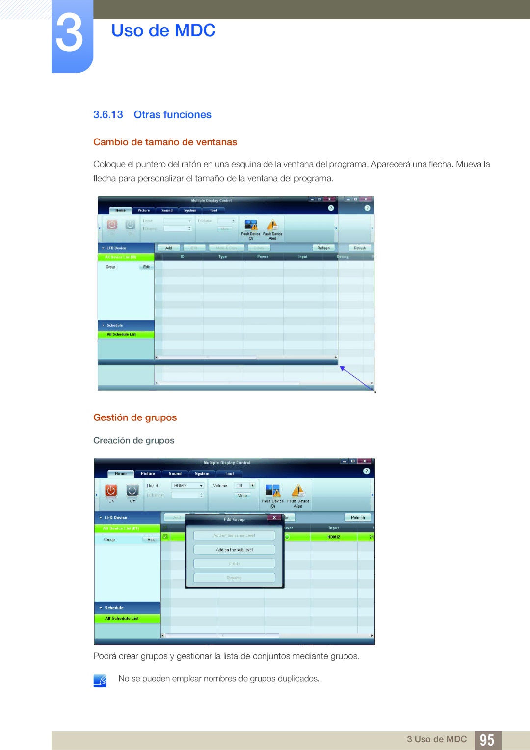 Samsung LH46UEPLGC/EN, LH40DEPLGC/EN Otras funciones, Cambio de tamaño de ventanas, Gestión de grupos, Creación de grupos 