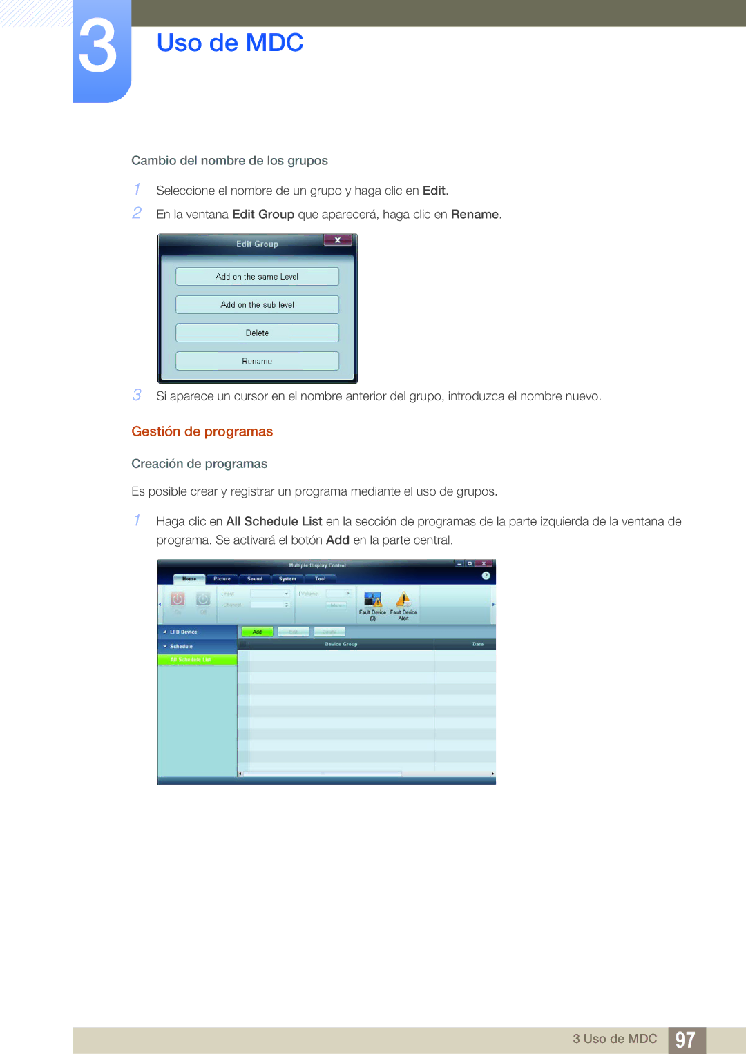 Samsung LH40MEPLGC/EN, LH40DEPLGC/EN manual Gestión de programas, Cambio del nombre de los grupos, Creación de programas 