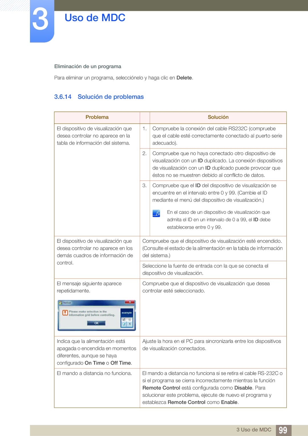 Samsung LH55MEPLGC/EN, LH40DEPLGC/EN, LH46DEPLGC/EN Solución de problemas, Eliminación de un programa, Problema Solución 