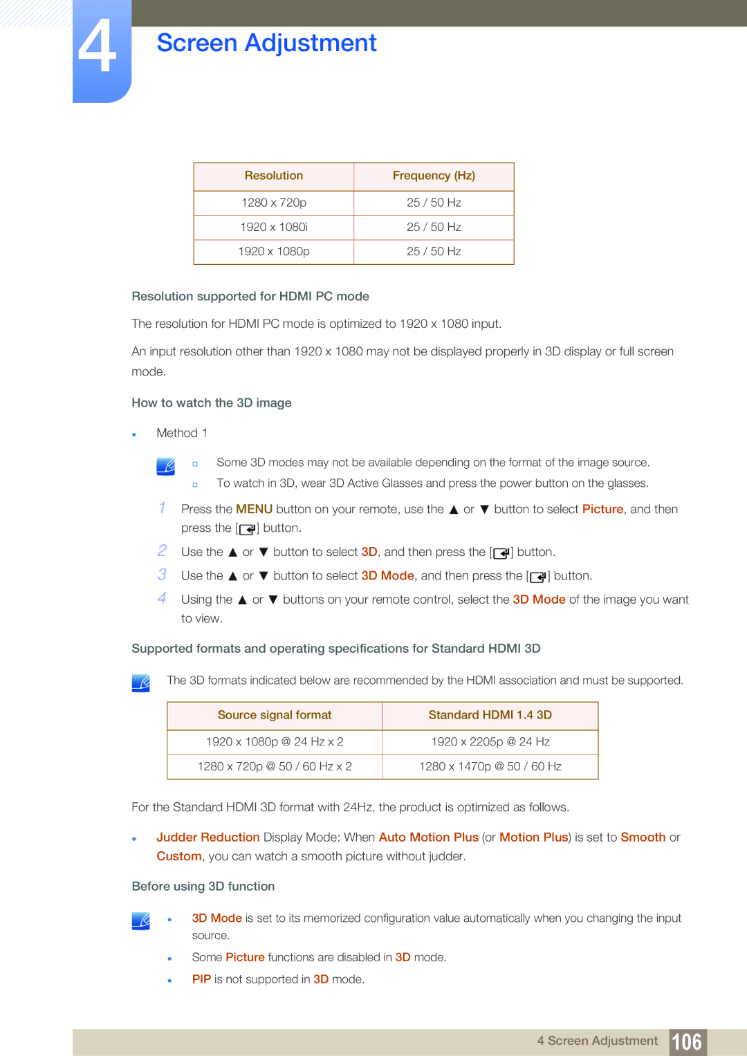 Samsung LH55UEAPLGC/XJ manual Resolution Frequency Hz, Resolution supported for Hdmi PC mode, How to watch the 3D image 