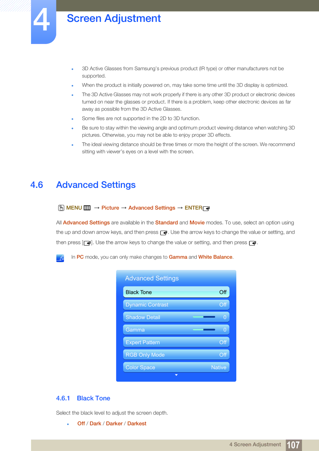 Samsung LH46UEPLGC/XJ manual Black Tone, Menu m Picture Advanced Settings Enter,  Off / Dark / Darker / Darkest 