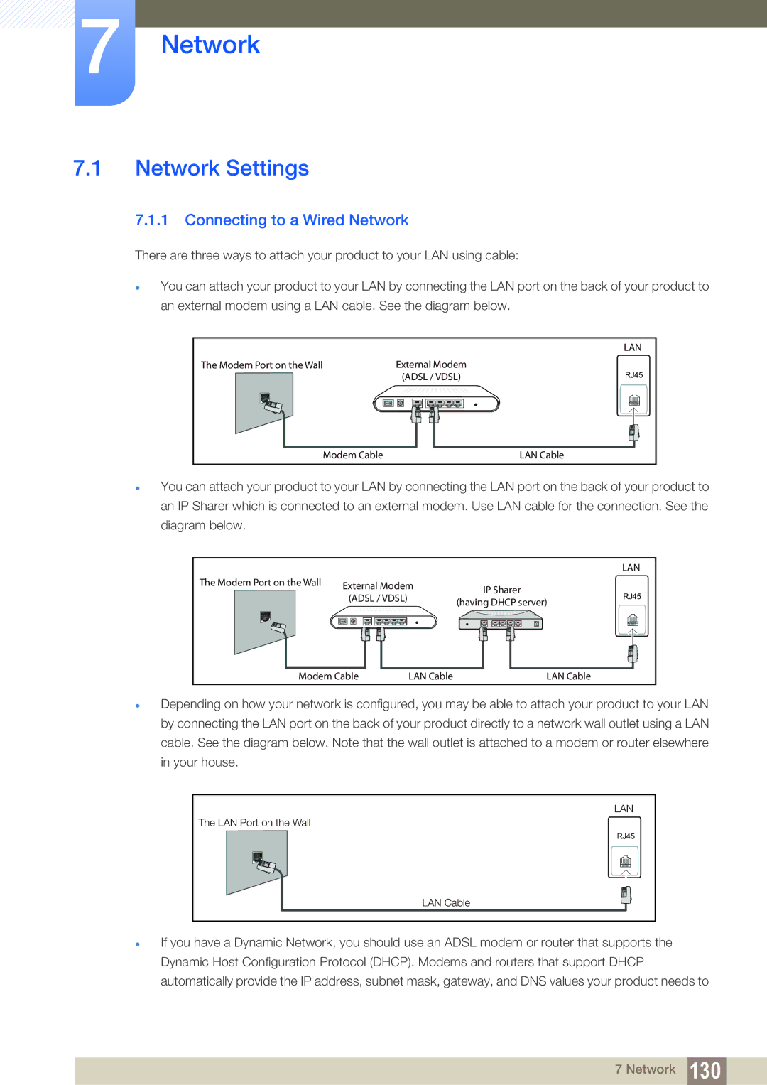 Samsung LH55UEPLGC/NG, LH40DEPLGC/EN, LH46DEPLGC/EN, LH55UEPLGC/ZA manual Network Settings, Connecting to a Wired Network 