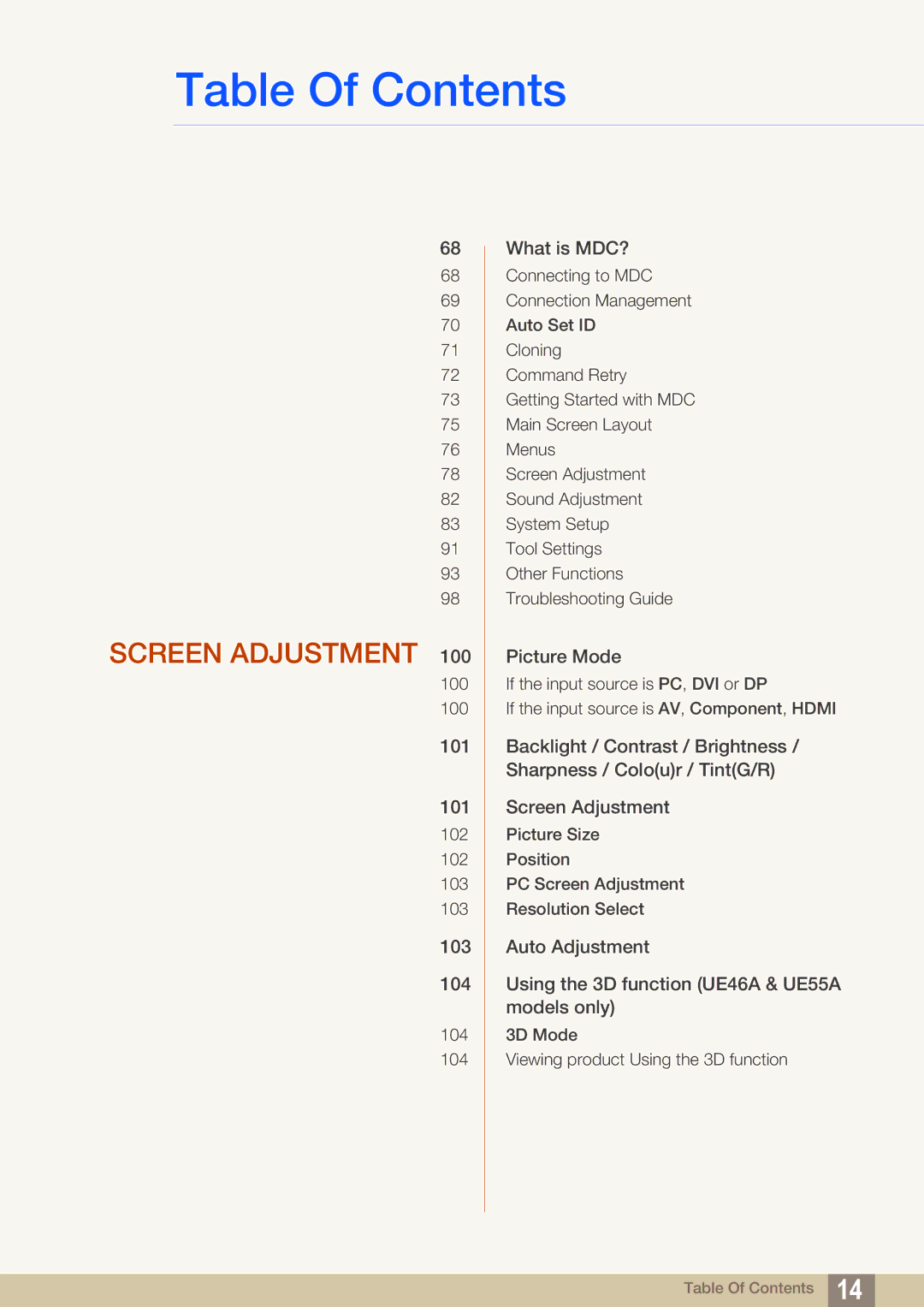 Samsung LH55MEPLGC/XJ, LH40DEPLGC/EN, LH46DEPLGC/EN, LH55UEPLGC/ZA, LH55DEPLGC/EN, LH55UEAPLGC/EN manual Screen Adjustment 