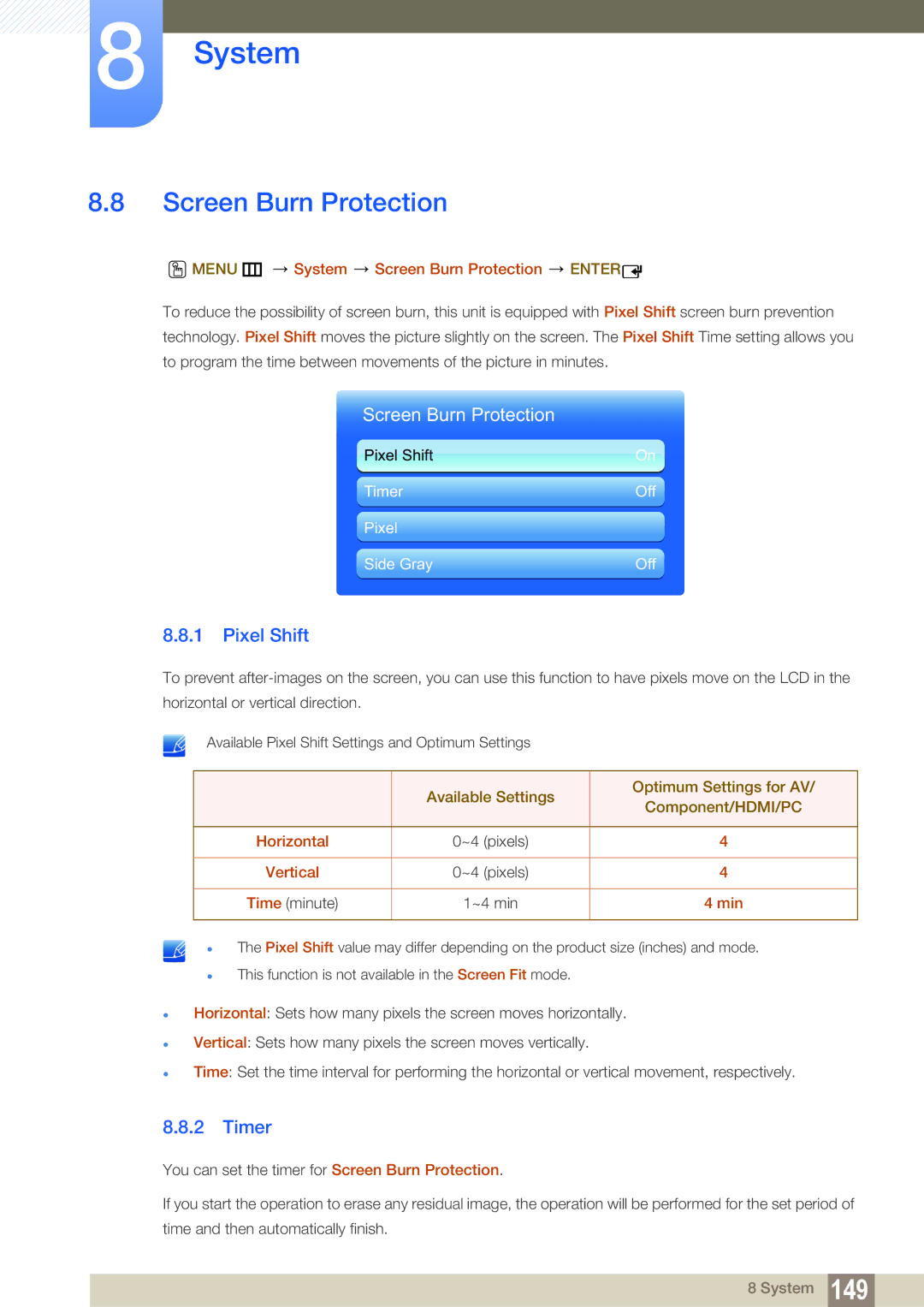 Samsung LH55MEPLGC/XJ, LH40DEPLGC/EN, LH46DEPLGC/EN, LH55UEPLGC/ZA, LH55DEPLGC/EN Screen Burn Protection, Pixel Shift, Timer 