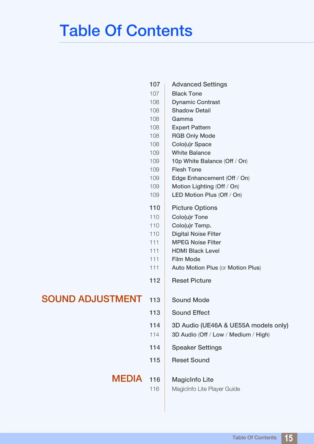 Samsung LH55UEPLGC/XJ, LH40DEPLGC/EN, LH46DEPLGC/EN, LH55UEPLGC/ZA, LH55DEPLGC/EN, LH55UEAPLGC/EN manual Sound Adjustment Media 