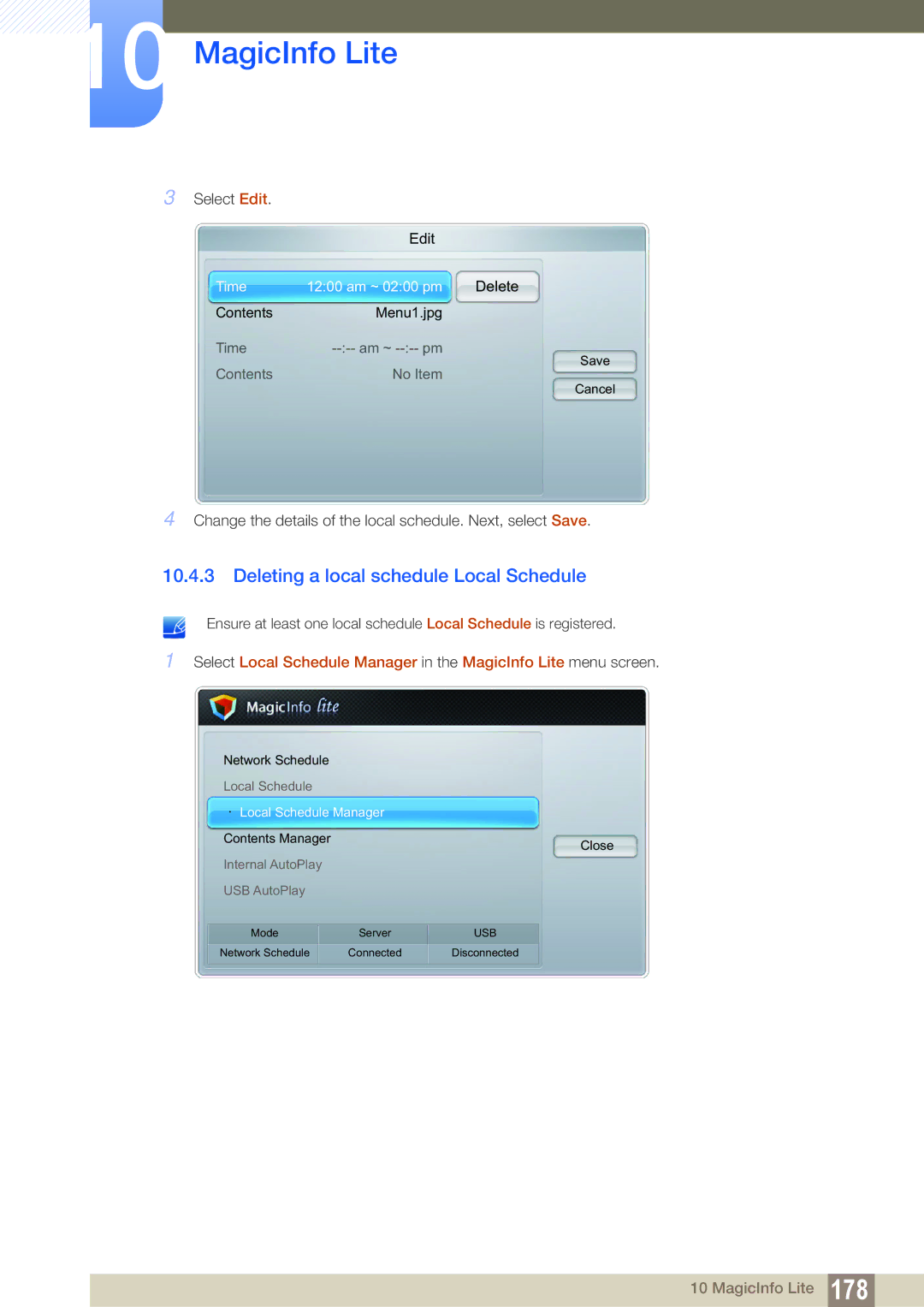 Samsung LH46UEAPLGC/XS, LH40DEPLGC/EN, LH46DEPLGC/EN, LH55UEPLGC/ZA manual Deleting a local schedule Local Schedule, Delete 