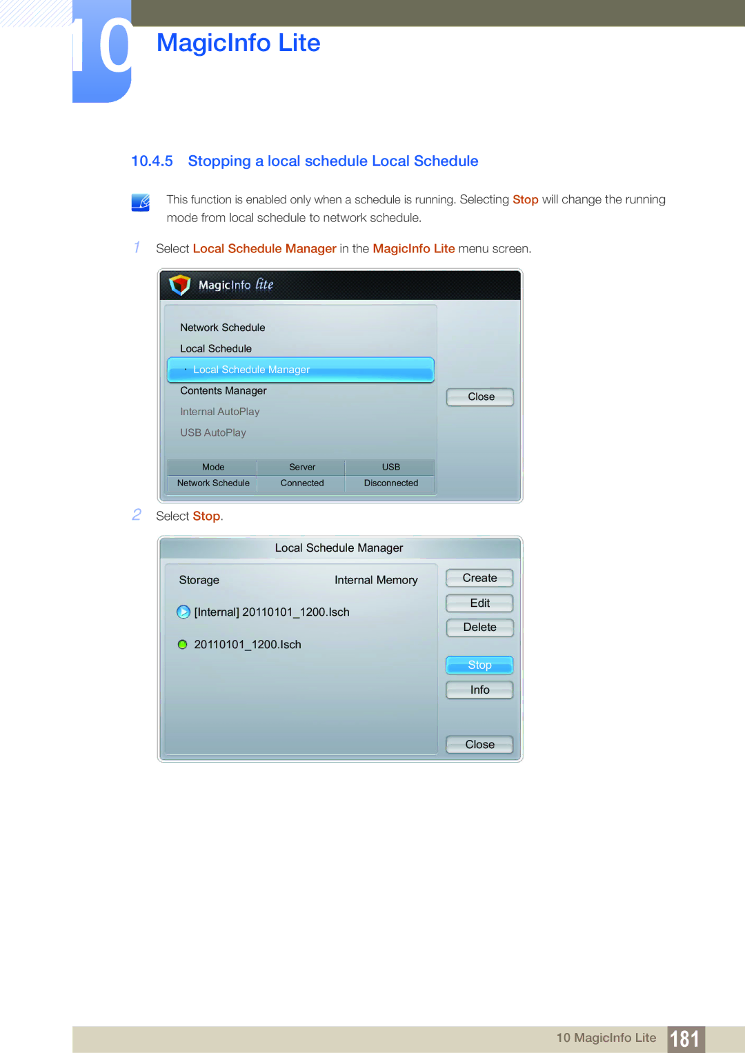 Samsung LH46DEPLGC/EN, LH40DEPLGC/EN, LH55UEPLGC/ZA, LH55DEPLGC/EN Stopping a local schedule Local Schedule, Select Stop 