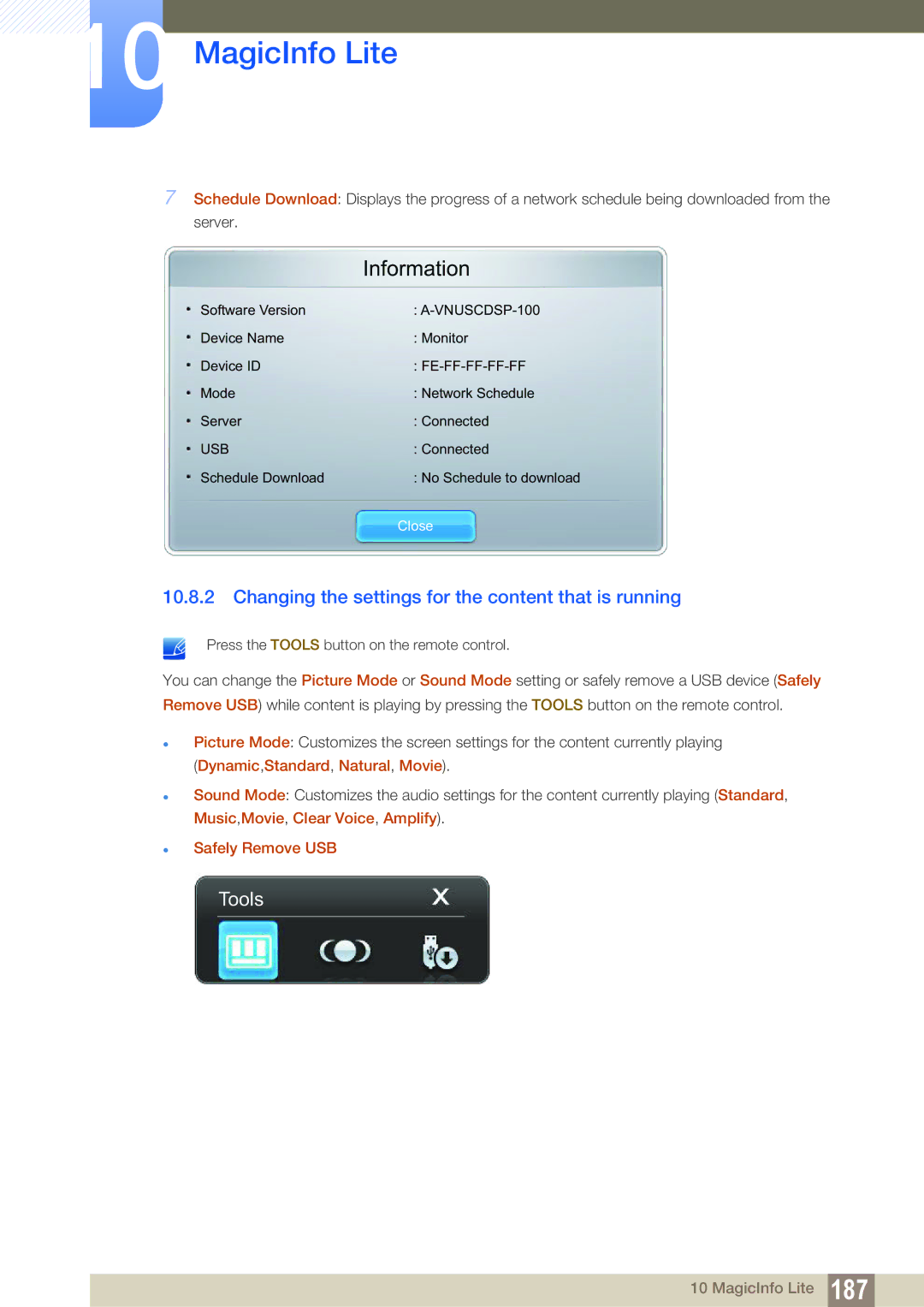 Samsung LH55UEPLGC/EN, LH40DEPLGC/EN, LH46DEPLGC/EN manual Information, Changing the settings for the content that is running 