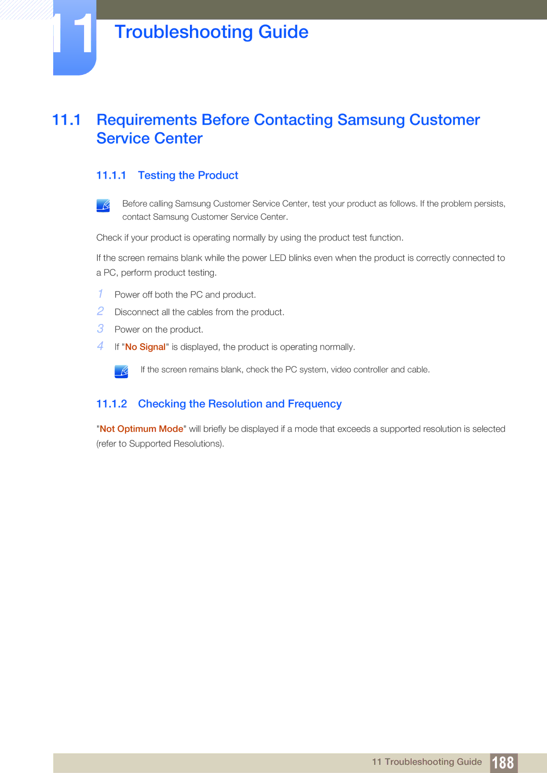 Samsung LH40MEPLGC/EN, LH40DEPLGC/EN Troubleshooting Guide, Testing the Product, Checking the Resolution and Frequency 