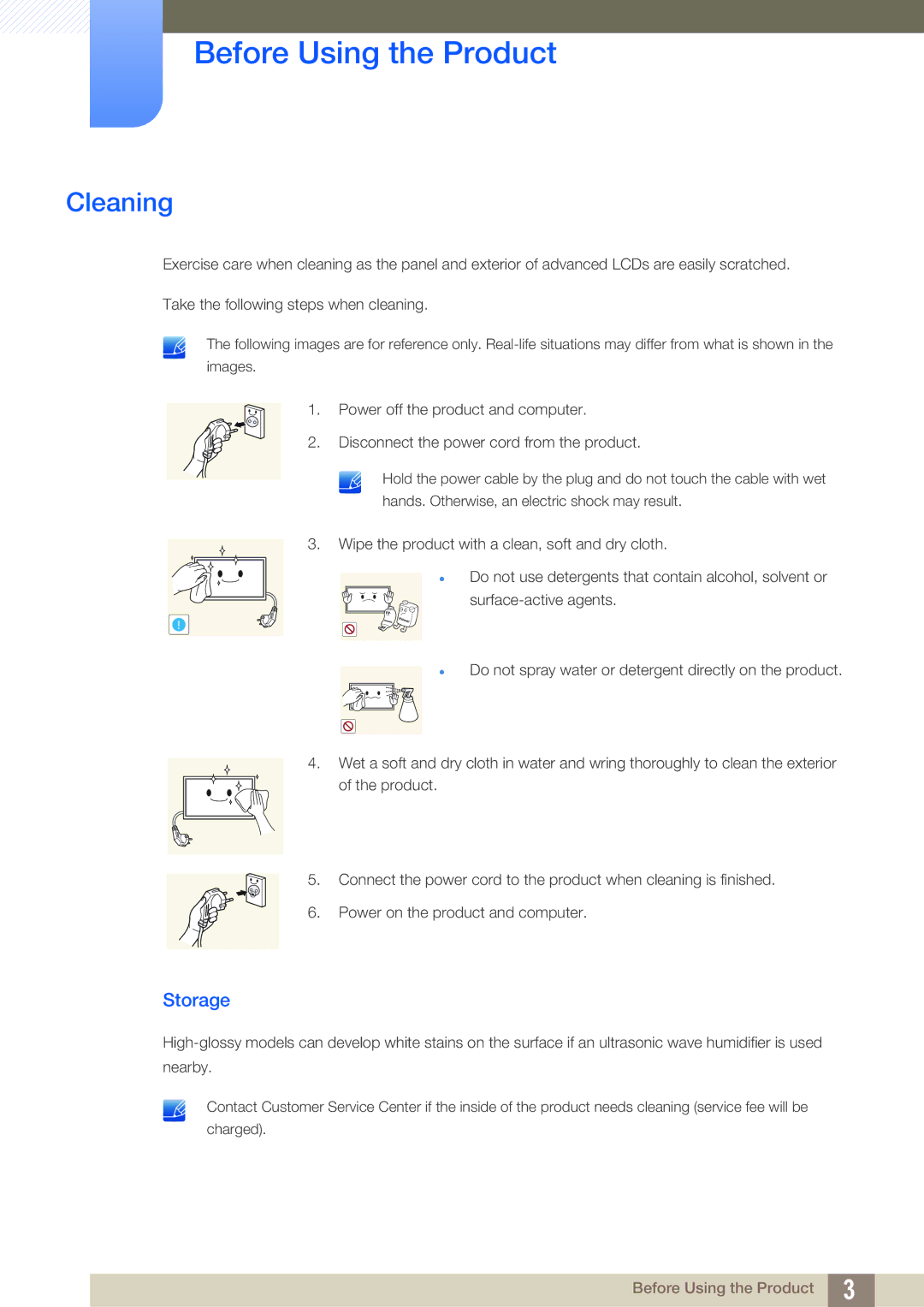 Samsung LH55DEPLGC/EN, LH40DEPLGC/EN, LH46DEPLGC/EN, LH55UEPLGC/ZA, LH55UEAPLGC/EN, LH46MEPLGC/EN manual Cleaning, Storage 