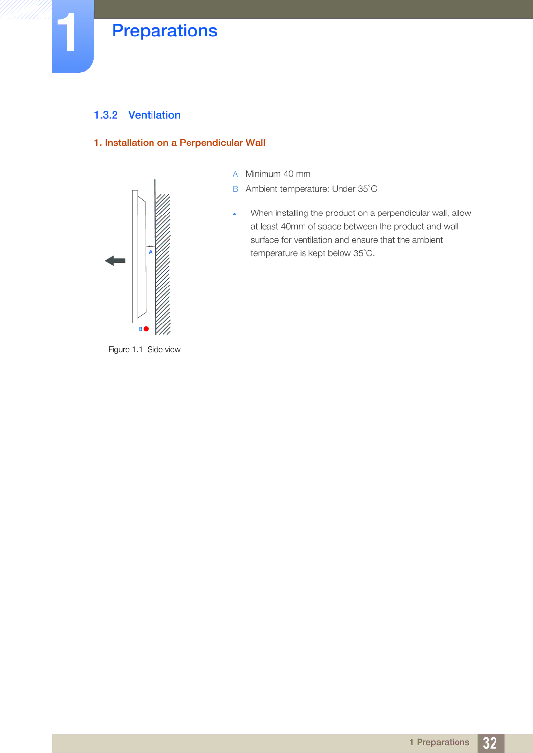 Samsung LH46MEPLGC/XY, LH40DEPLGC/EN, LH46DEPLGC/EN, LH55UEPLGC/ZA manual Ventilation, Installation on a Perpendicular Wall 