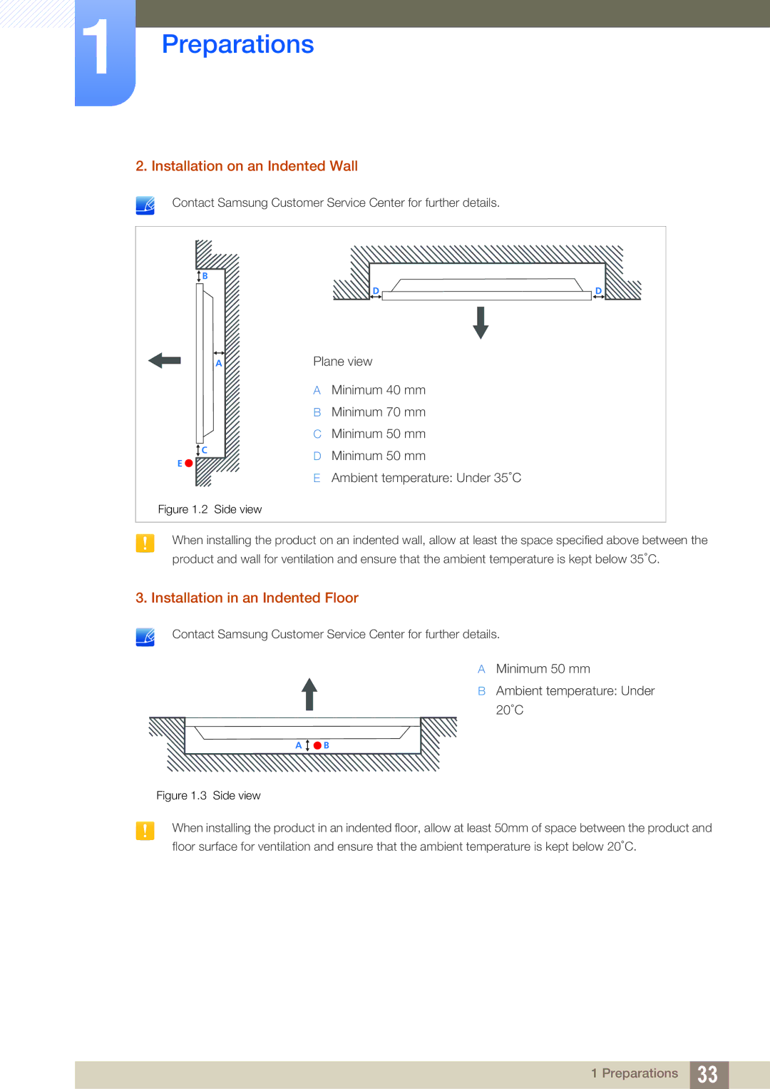 Samsung LH46MEPLGC/NG, LH40DEPLGC/EN, LH46DEPLGC/EN Installation on an Indented Wall, Installation in an Indented Floor 