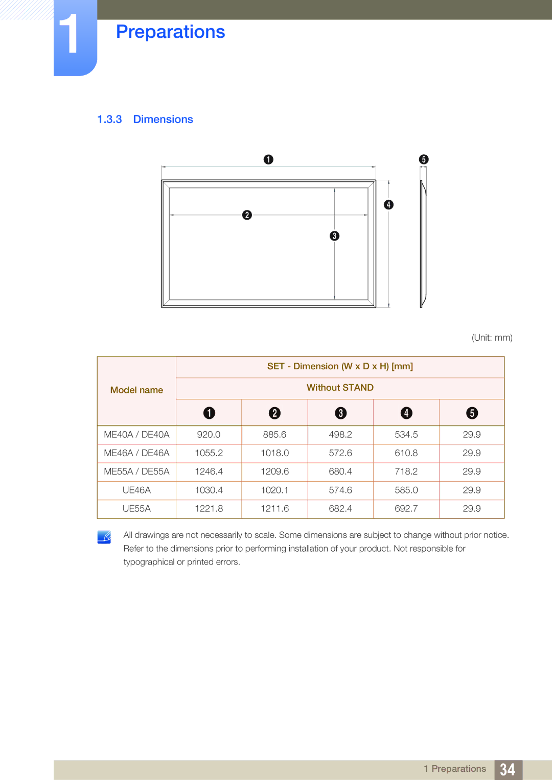 Samsung LH55DEAPLBC/XY, LH40DEPLGC/EN, LH46DEPLGC/EN manual Dimensions, SET Dimension W x D x H mm Model name Without Stand 