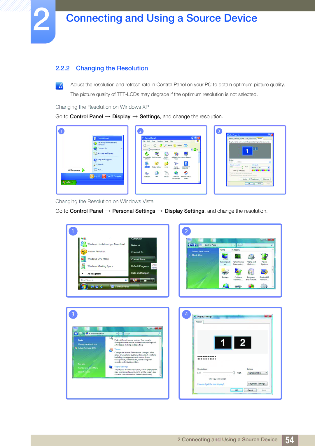 Samsung LH46UEAPLGC/EN, LH40DEPLGC/EN Changing the Resolution on Windows XP, Changing the Resolution on Windows Vista 