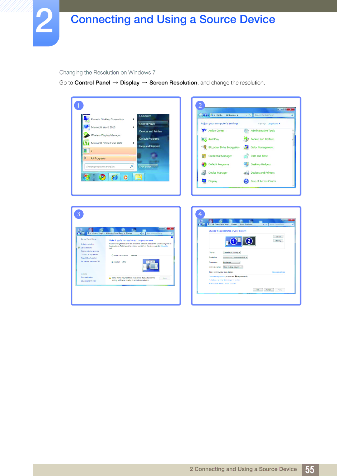 Samsung LH55MEPLGC/EN, LH40DEPLGC/EN, LH46DEPLGC/EN, LH55UEPLGC/ZA, LH55DEPLGC/EN manual Changing the Resolution on Windows 