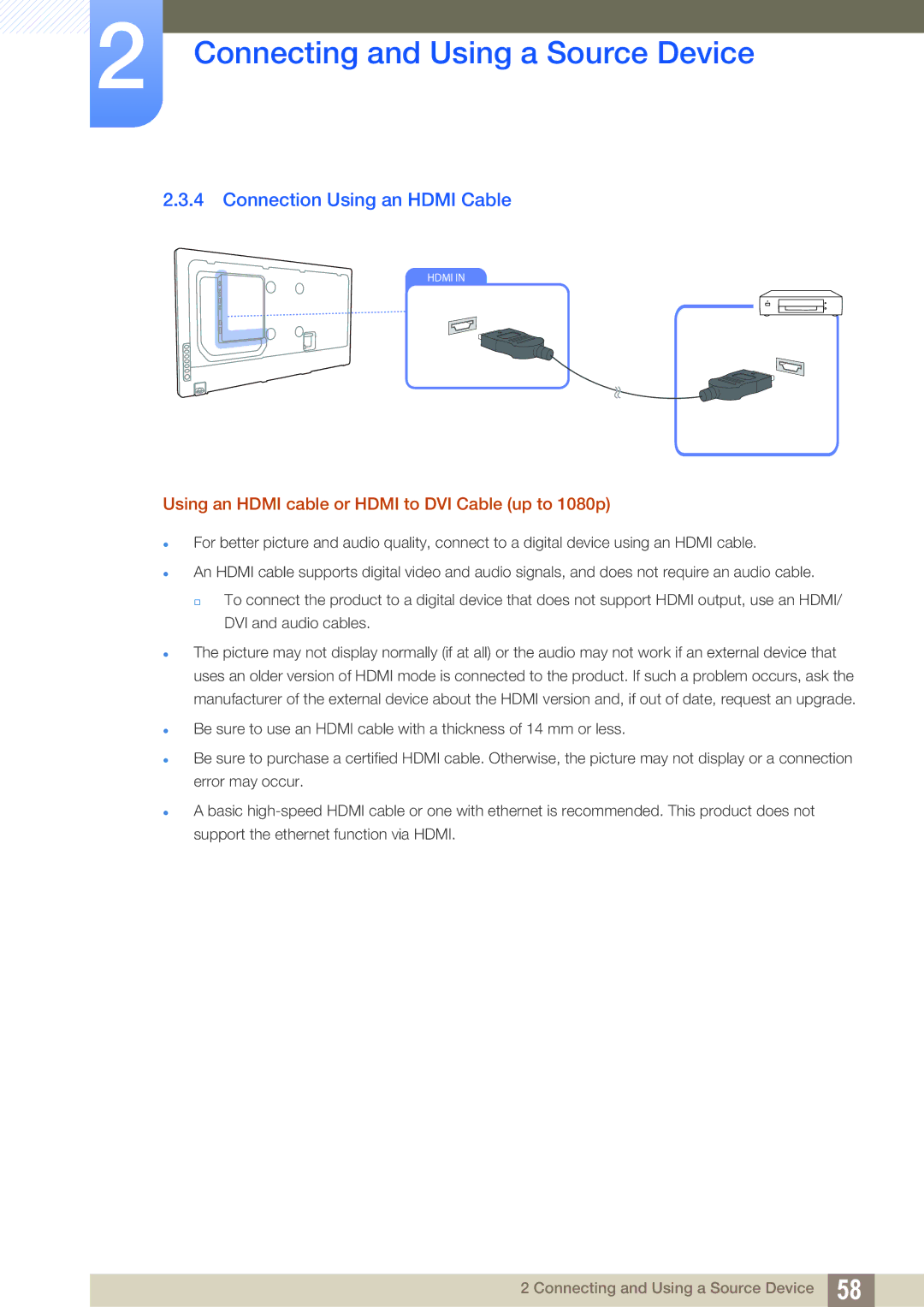 Samsung LH46DEAPLBC/EN, LH40DEPLGC/EN Connection Using an Hdmi Cable, Using an Hdmi cable or Hdmi to DVI Cable up to 1080p 