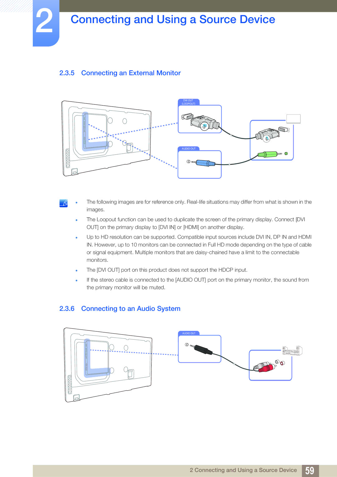 Samsung LH55MEPLGC/XJ, LH40DEPLGC/EN, LH46DEPLGC/EN manual Connecting an External Monitor, Connecting to an Audio System 