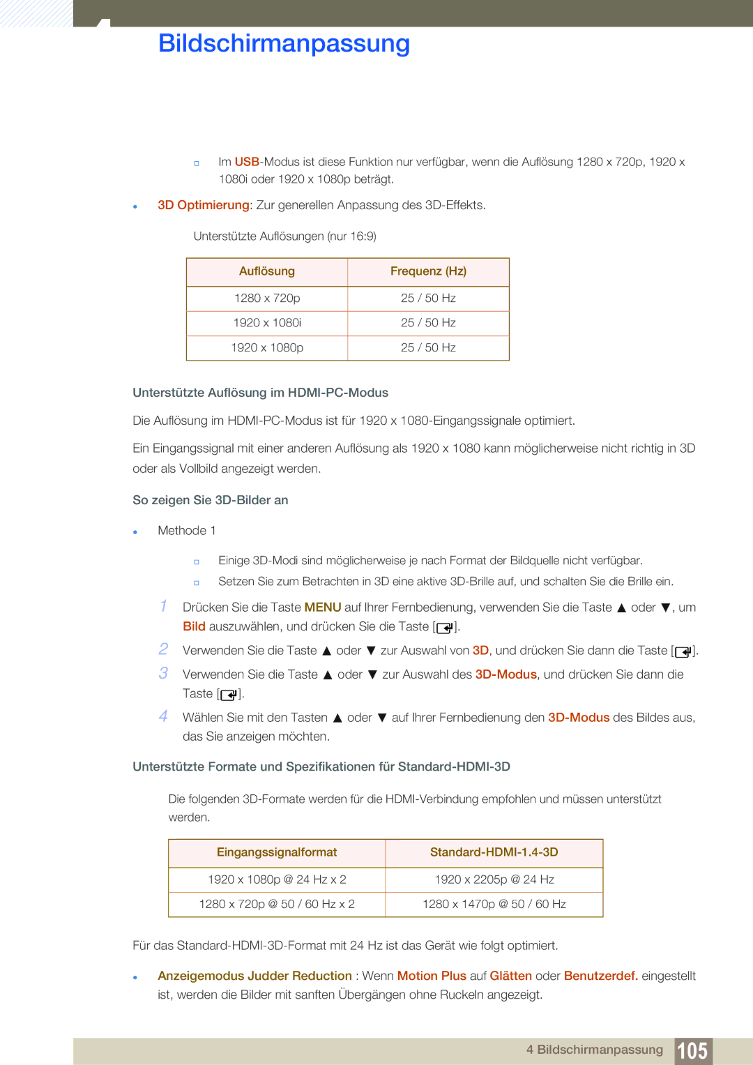 Samsung LH55UEPLGC/EN manual Auflösung Frequenz Hz, Unterstützte Auflösung im HDMI-PC-Modus, So zeigen Sie 3D-Bilder an 