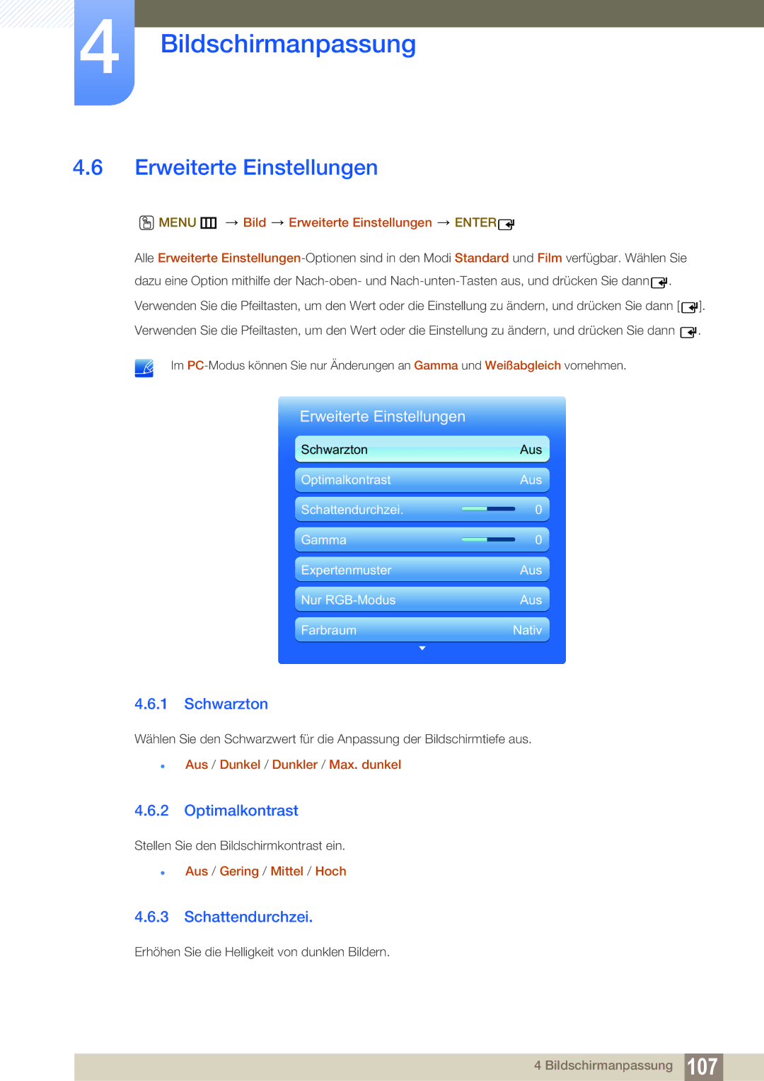 Samsung LH46UEAPLGC/EN, LH40DEPLGC/EN manual Erweiterte Einstellungen, Schwarzton, Optimalkontrast, Schattendurchzei 