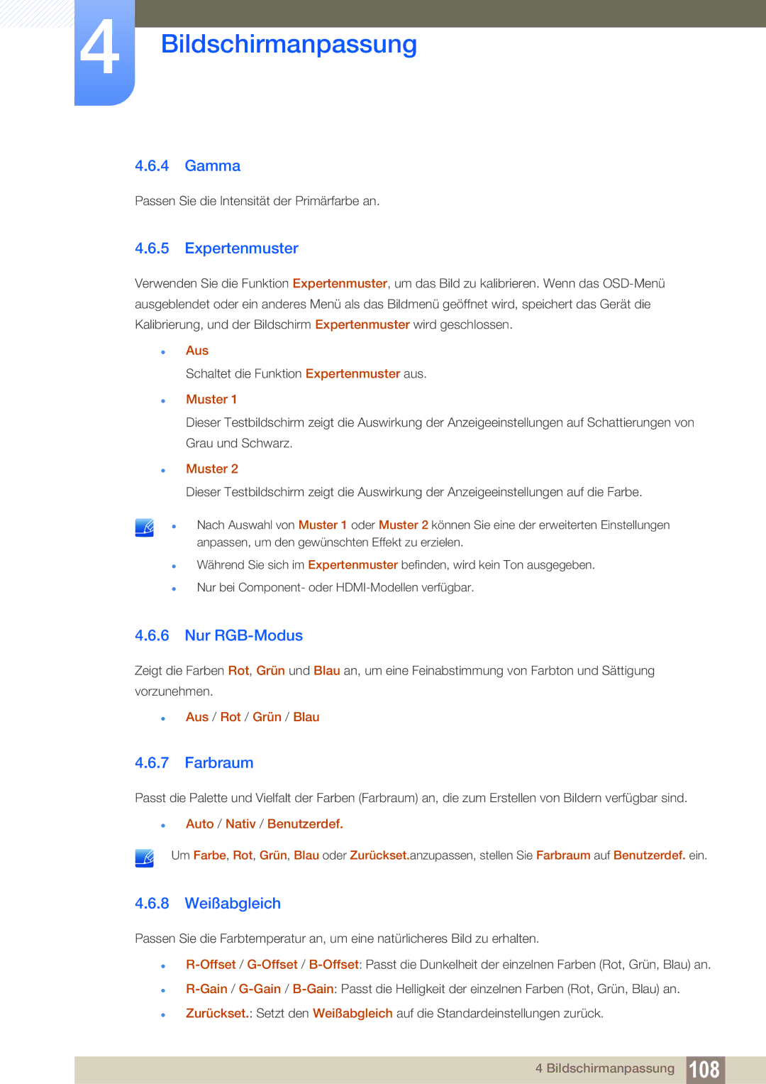 Samsung LH55MEPLGC/EN, LH40DEPLGC/EN, LH46DEPLGC/EN manual Gamma, Expertenmuster, Nur RGB-Modus, Farbraum, 8 Weißabgleich 