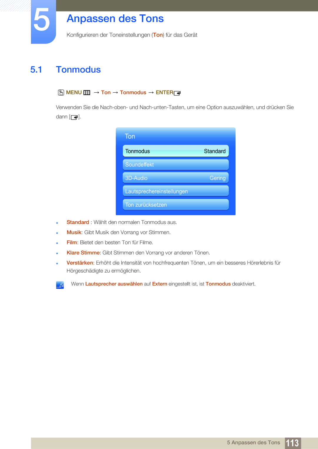 Samsung LH46DEPLGC/EN, LH40DEPLGC/EN, LH55UEPLGC/ZA, LH55DEPLGC/EN manual Anpassen des Tons, Menu m Ton Tonmodus Enter 