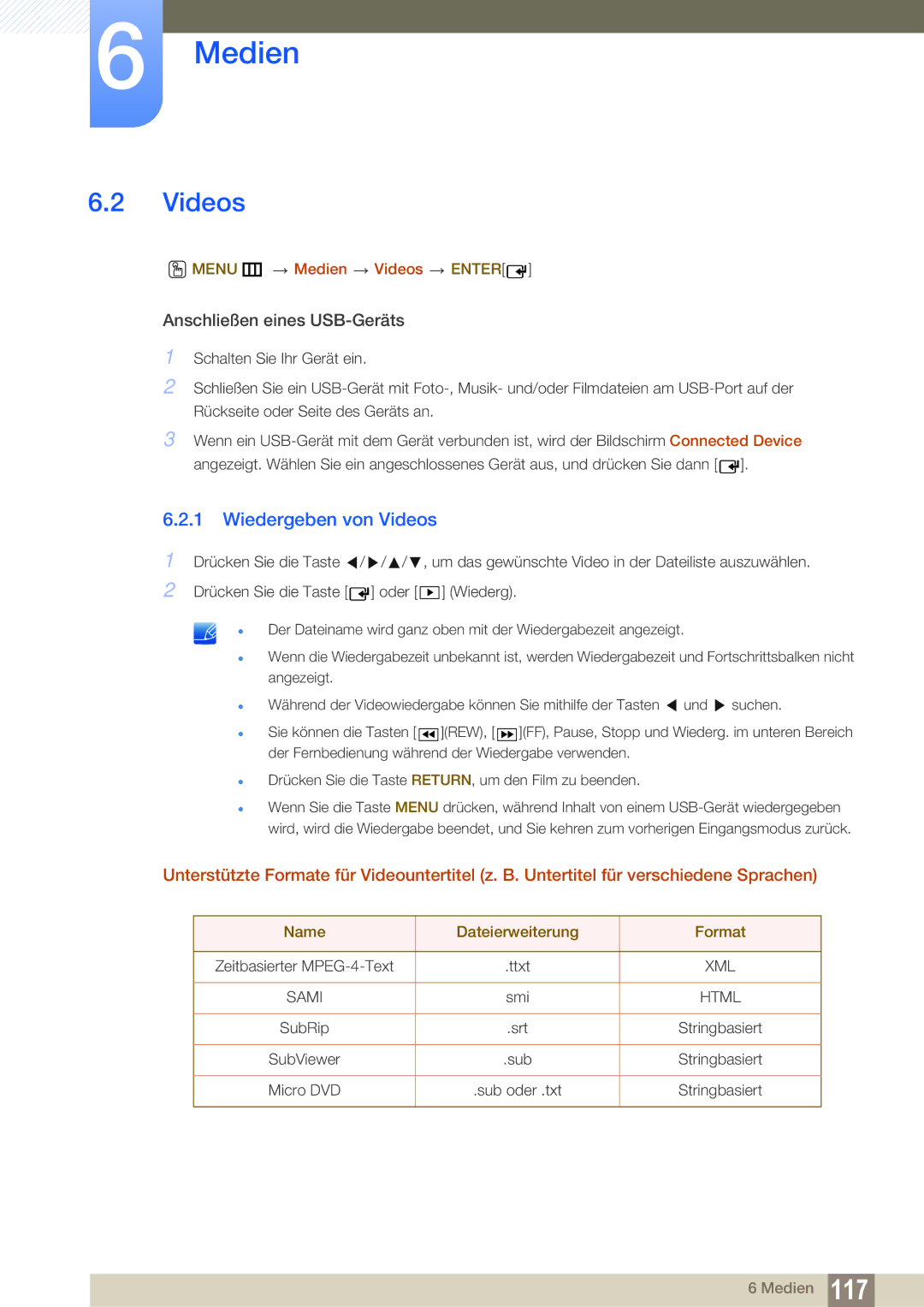 Samsung LH46MEPLGC/EN, LH40DEPLGC/EN Wiedergeben von Videos, Menu m Medien Videos Enter, Name Dateierweiterung Format 