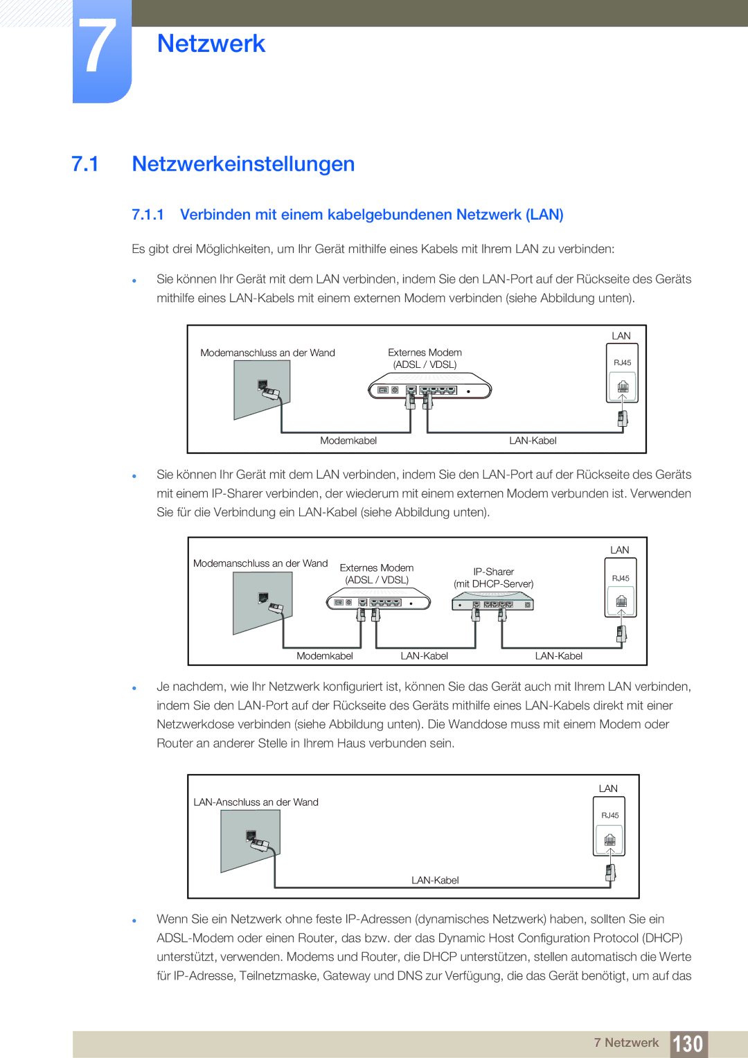 Samsung LH55UEAPLGC/EN, LH40DEPLGC/EN manual Netzwerkeinstellungen, Verbinden mit einem kabelgebundenen Netzwerk LAN 