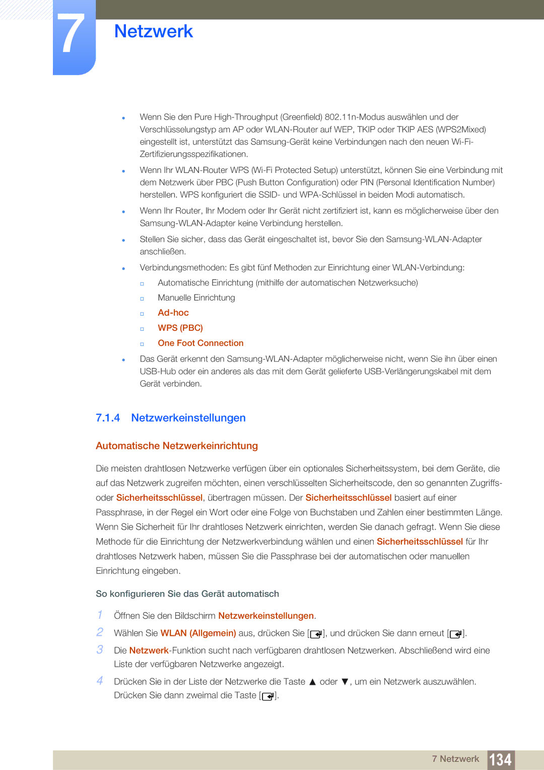 Samsung LH40MEPLGC/EN, LH40DEPLGC/EN, LH46DEPLGC/EN, LH55UEPLGC/ZA manual Netzwerkeinstellungen, Ad-hoc, One Foot Connection 