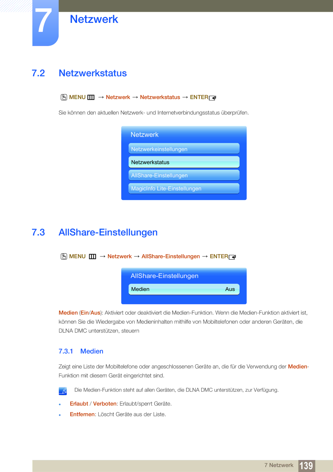 Samsung LH46DEAPLBC/EN, LH40DEPLGC/EN manual AllShare-Einstellungen, Medien, Menu m Netzwerk Netzwerkstatus Enter 