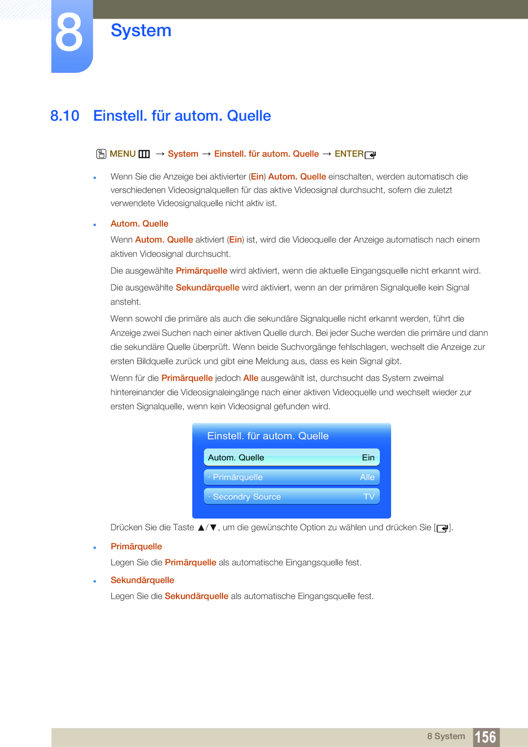 Samsung LH55UEPLGC/ZA, LH40DEPLGC/EN Menu m System Einstell. für autom. Quelle Enter, Autom. Quelle, Sekundärquelle 