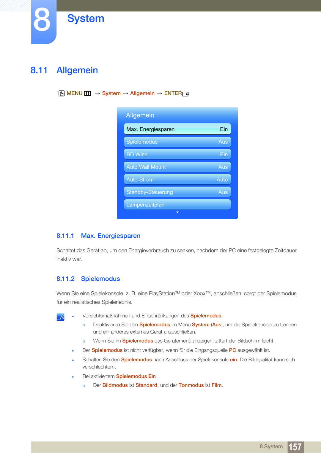 Samsung LH55DEPLGC/EN, LH40DEPLGC/EN, LH46DEPLGC/EN manual 11.1 Max. Energiesparen, Spielemodus, System Allgemein 