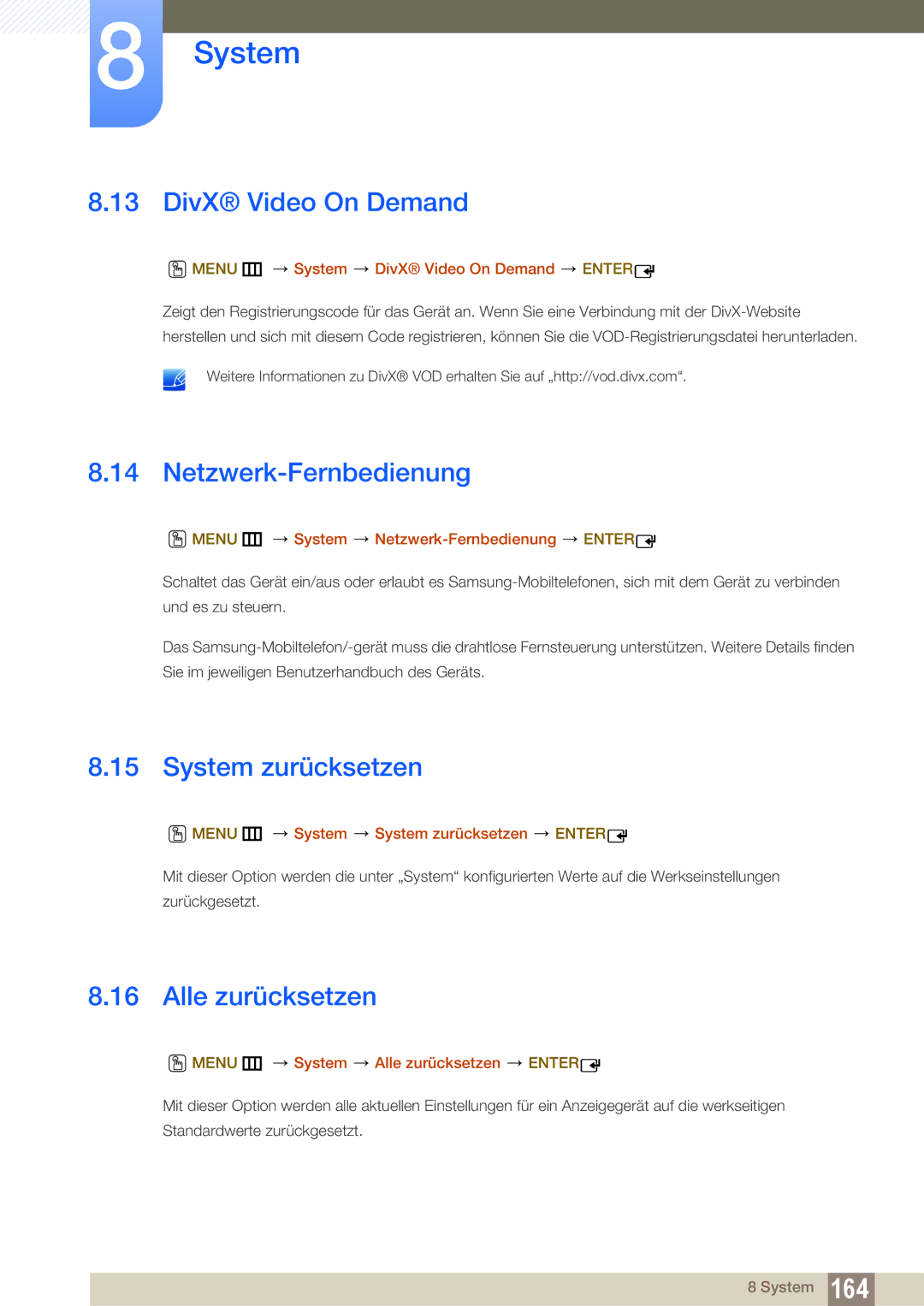 Samsung LH55MEPLGC/EN, LH40DEPLGC/EN DivX Video On Demand, Netzwerk-Fernbedienung, System zurücksetzen, Alle zurücksetzen 