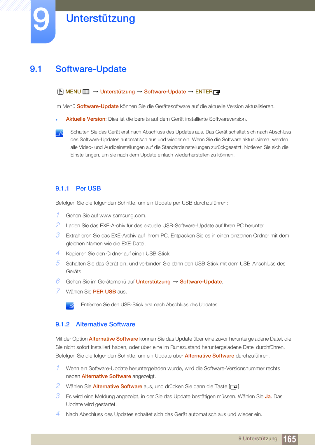 Samsung LH40DEAPLBC/EN, LH40DEPLGC/EN, LH46DEPLGC/EN manual Unterstützung, Software-Update, Per USB, Alternative Software 