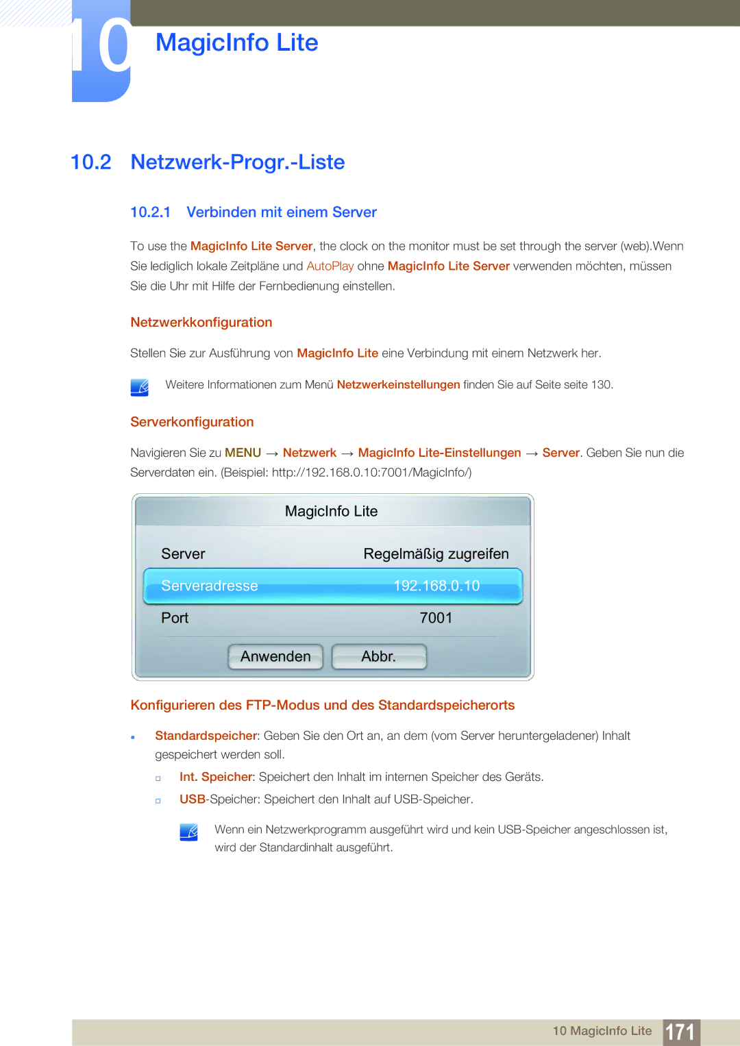 Samsung LH55DEPLGC/EN manual Netzwerk-Progr.-Liste, Verbinden mit einem Server, Netzwerkkonfiguration, Serverkonfiguration 