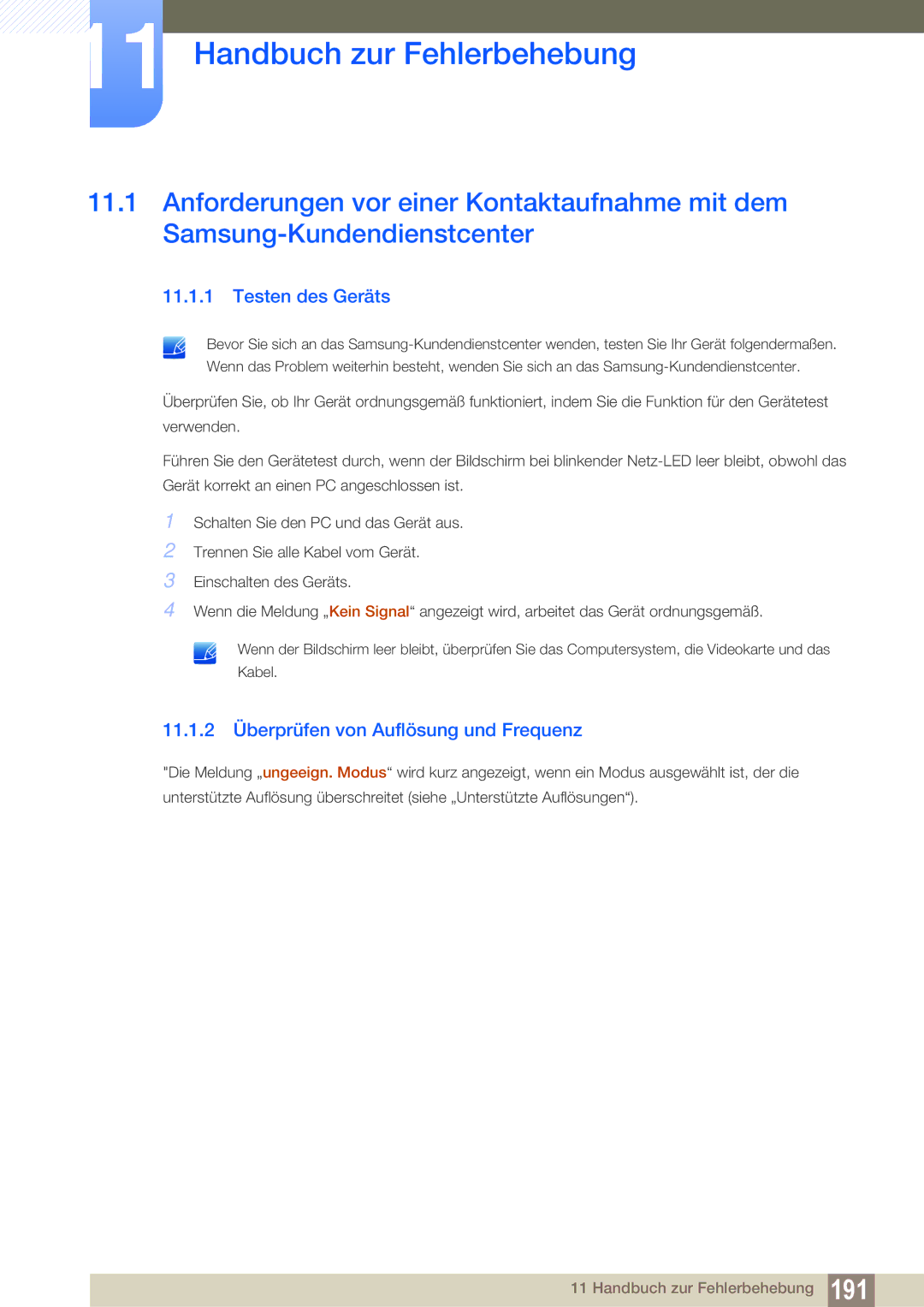 Samsung LH46UEAPLGC/EN manual Handbuch zur Fehlerbehebung, Testen des Geräts, 11.1.2 Überprüfen von Auflösung und Frequenz 